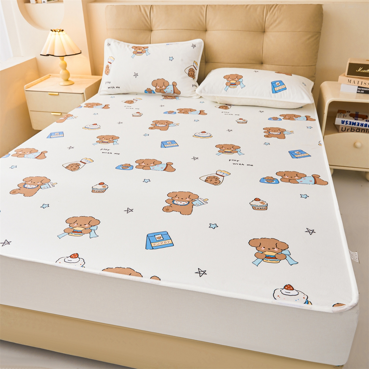 91家纺网 家纺一手货源 找家纺 女子家纺 2026春夏新款TPU防水隔尿床护垫床笠款印花小清新卡通儿童床垫保护套 防水床笠-吐司熊