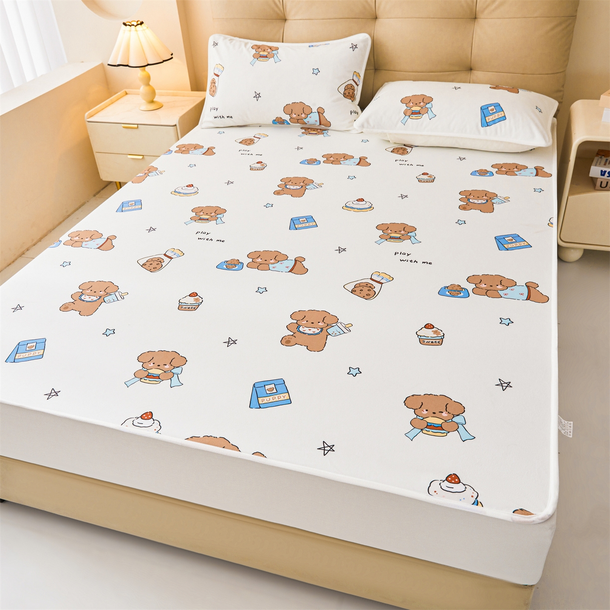 91家纺网 家纺一手货源 找家纺 女子家纺 2026春夏新款TPU防水隔尿床护垫床笠款印花小清新卡通儿童床垫保护套 防水床笠-吐司熊