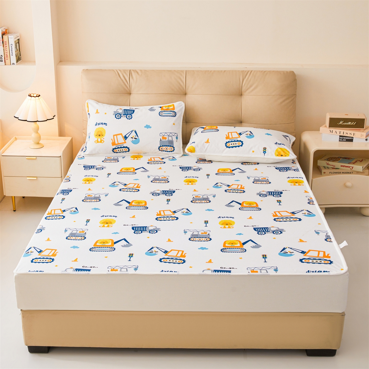 91家纺网 家纺一手货源 找家纺 女子家纺 2026春夏新款TPU防水隔尿床护垫床笠款印花小清新卡通儿童床垫保护套 防水床笠-挖掘机