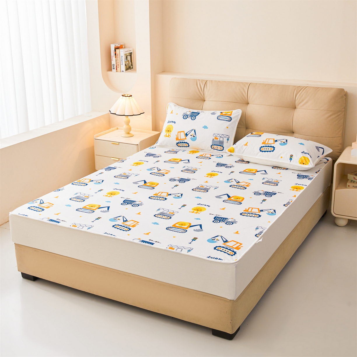 91家纺网 家纺一手货源 找家纺 女子家纺 2026春夏新款TPU防水隔尿床护垫床笠款印花小清新卡通儿童床垫保护套 防水床笠-挖掘机