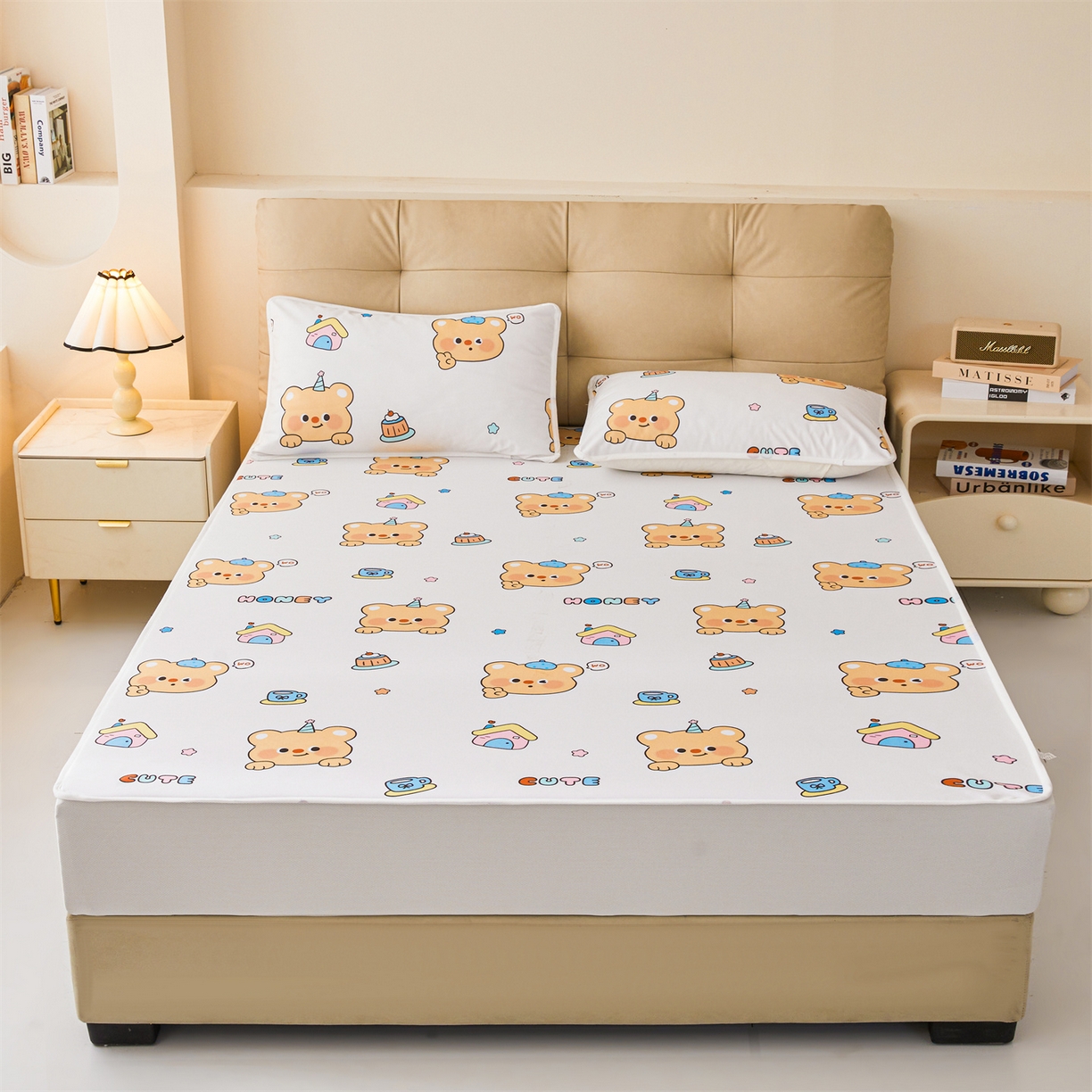 91家纺网 家纺一手货源 找家纺 女子家纺 2026春夏新款TPU防水隔尿床护垫床笠款印花小清新卡通儿童床垫保护套 防水床笠-微笑先生