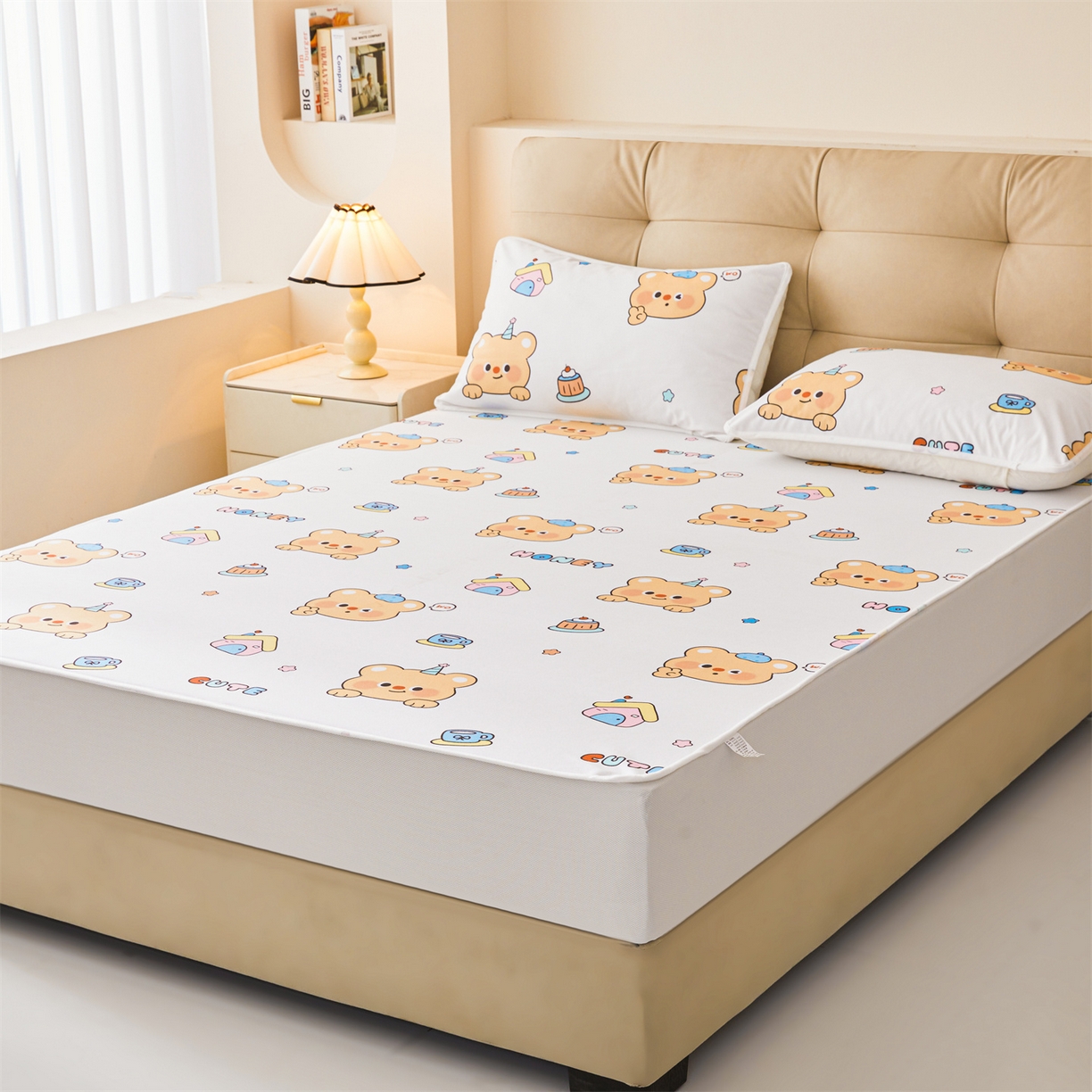 91家纺网 家纺一手货源 找家纺 女子家纺 2026春夏新款TPU防水隔尿床护垫床笠款印花小清新卡通儿童床垫保护套 防水床笠-微笑先生