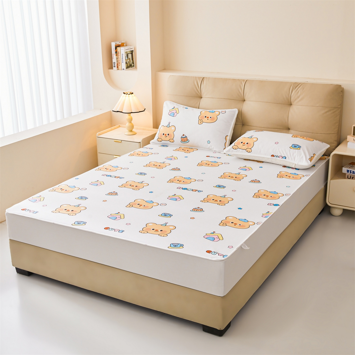 91家纺网 家纺一手货源 找家纺 女子家纺 2026春夏新款TPU防水隔尿床护垫床笠款印花小清新卡通儿童床垫保护套 防水床笠-微笑先生