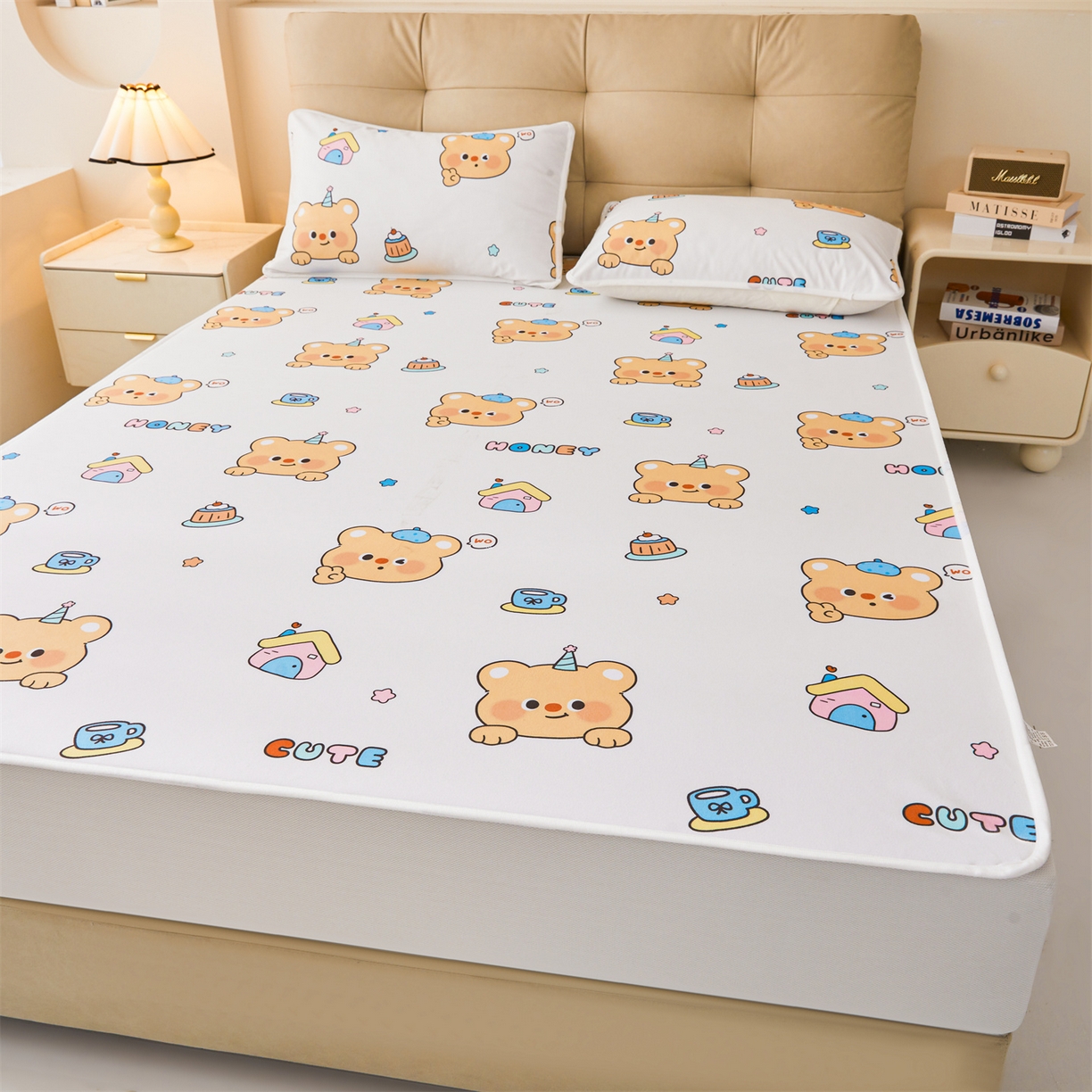 91家纺网 家纺一手货源 找家纺 女子家纺 2026春夏新款TPU防水隔尿床护垫床笠款印花小清新卡通儿童床垫保护套 防水床笠-微笑先生