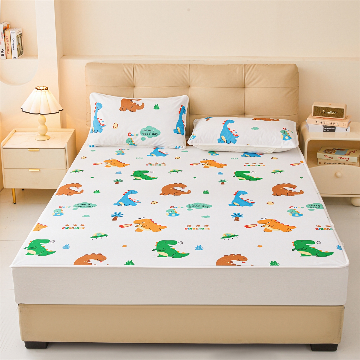 91家纺网 家纺一手货源 找家纺 女子家纺 2026春夏新款TPU防水隔尿床护垫床笠款印花小清新卡通儿童床垫保护套 防水床笠-小恐龙