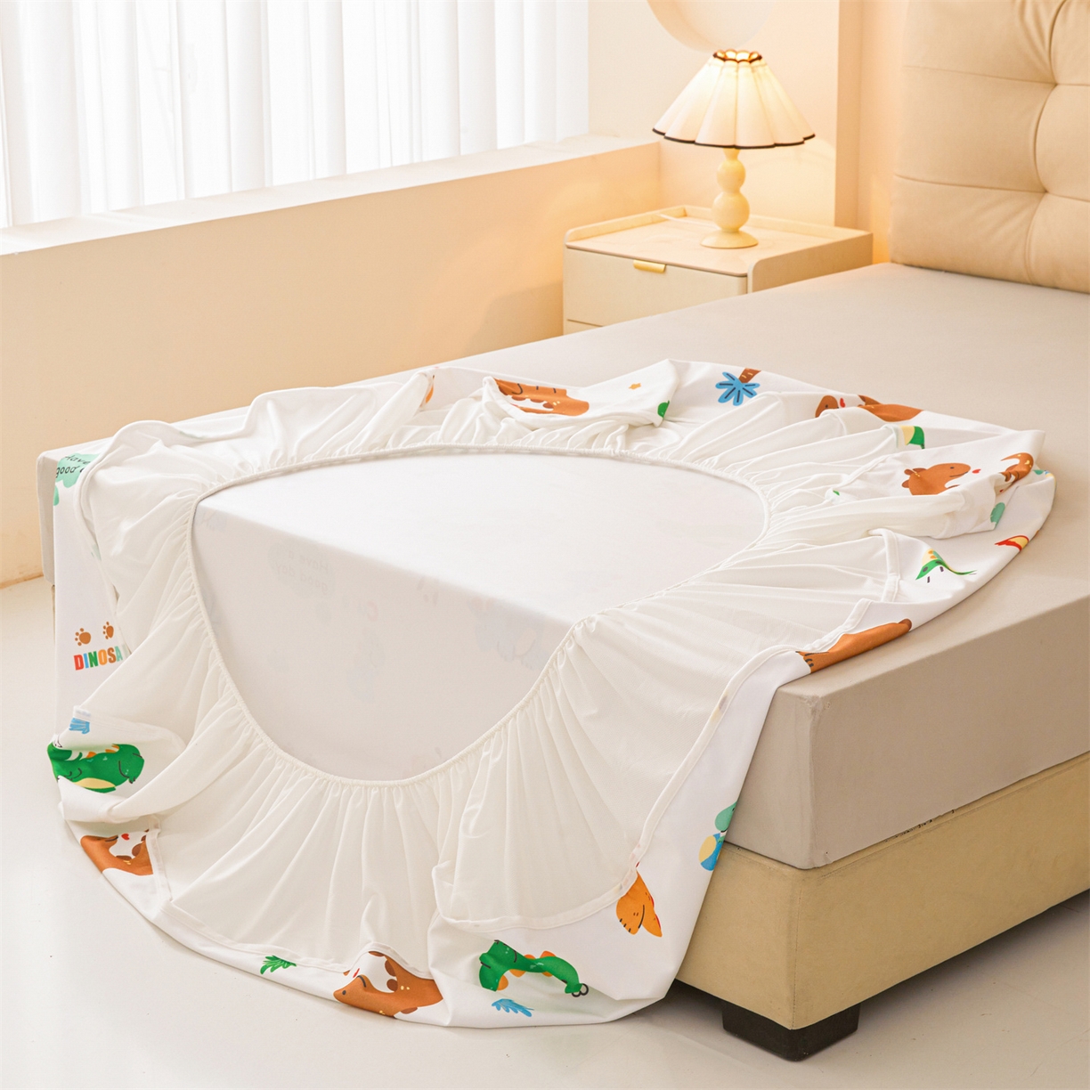 91家纺网 家纺一手货源 找家纺 女子家纺 2026春夏新款TPU防水隔尿床护垫床笠款印花小清新卡通儿童床垫保护套 防水床笠-小恐龙