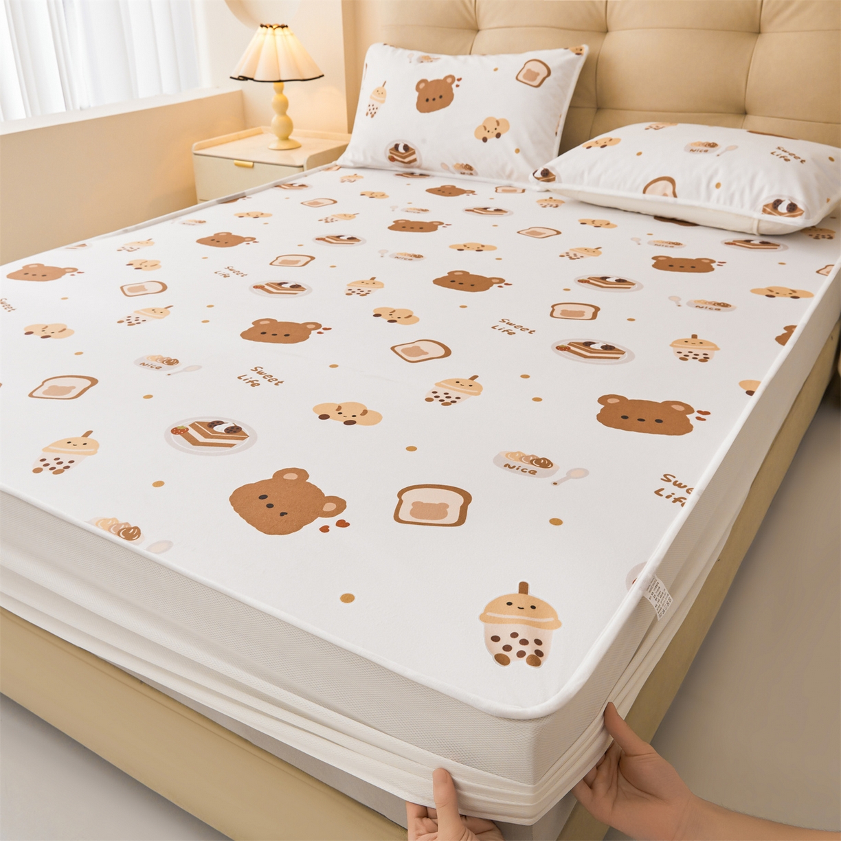 女子家纺 2026春夏新款TPU防水隔尿床护垫床笠款印花小清新卡通儿童床垫保护套 防水床笠-小能派对