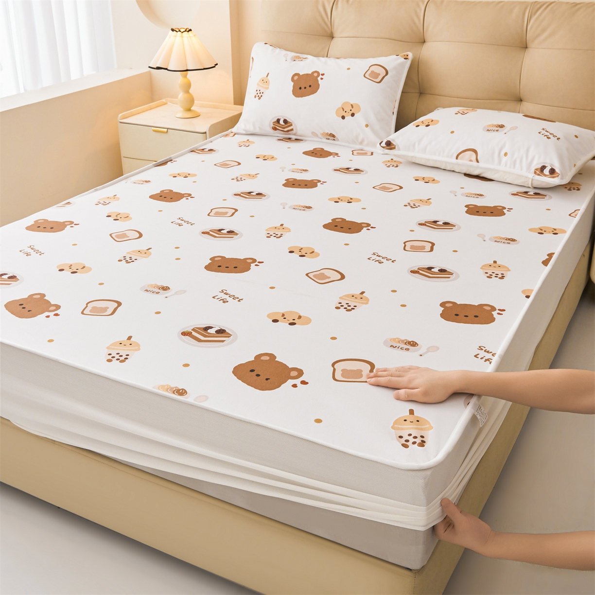 91家纺网 家纺一手货源 找家纺 女子家纺 2026春夏新款TPU防水隔尿床护垫床笠款印花小清新卡通儿童床垫保护套 防水床笠-小能派对