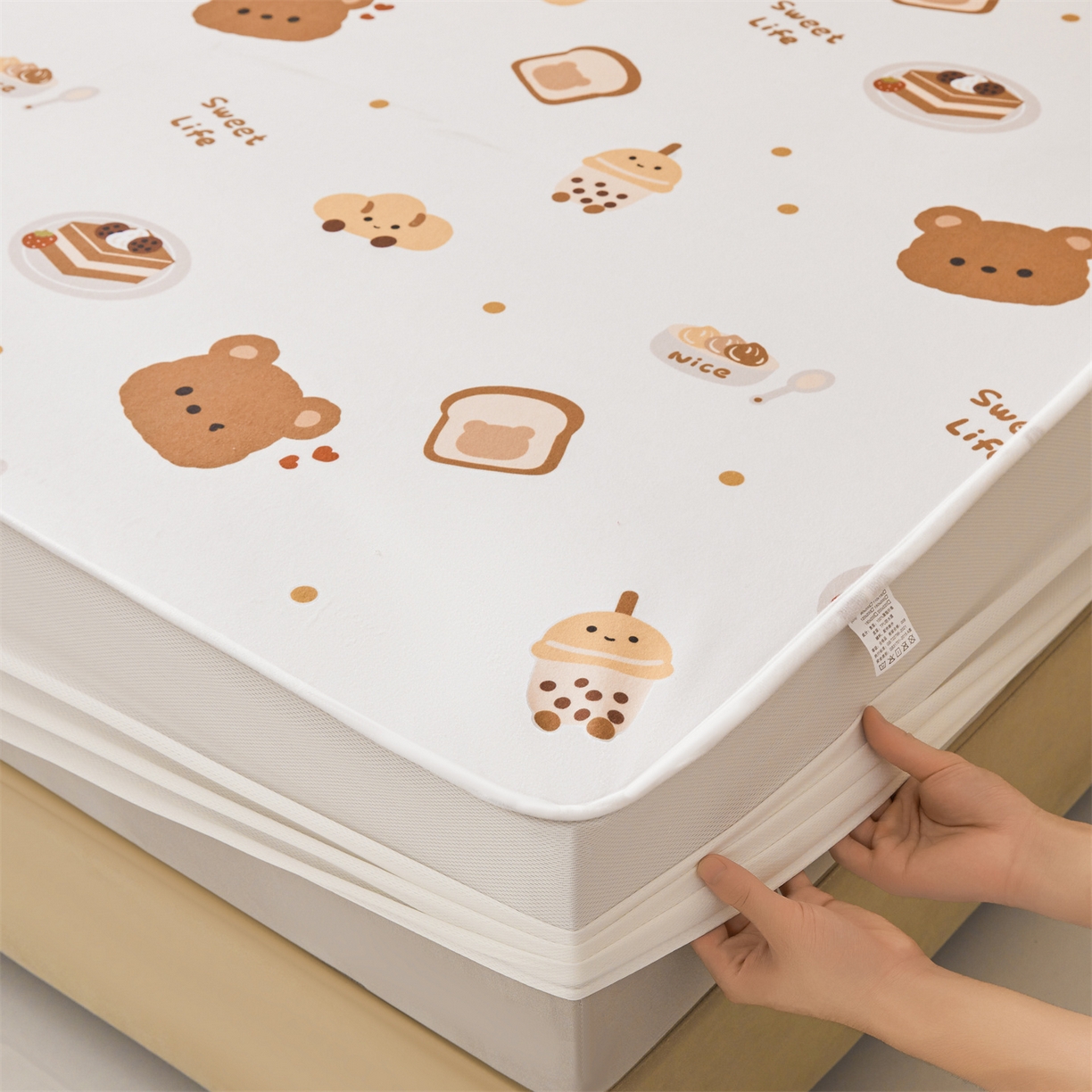 91家纺网 家纺一手货源 找家纺 女子家纺 2026春夏新款TPU防水隔尿床护垫床笠款印花小清新卡通儿童床垫保护套 防水床笠-小能派对