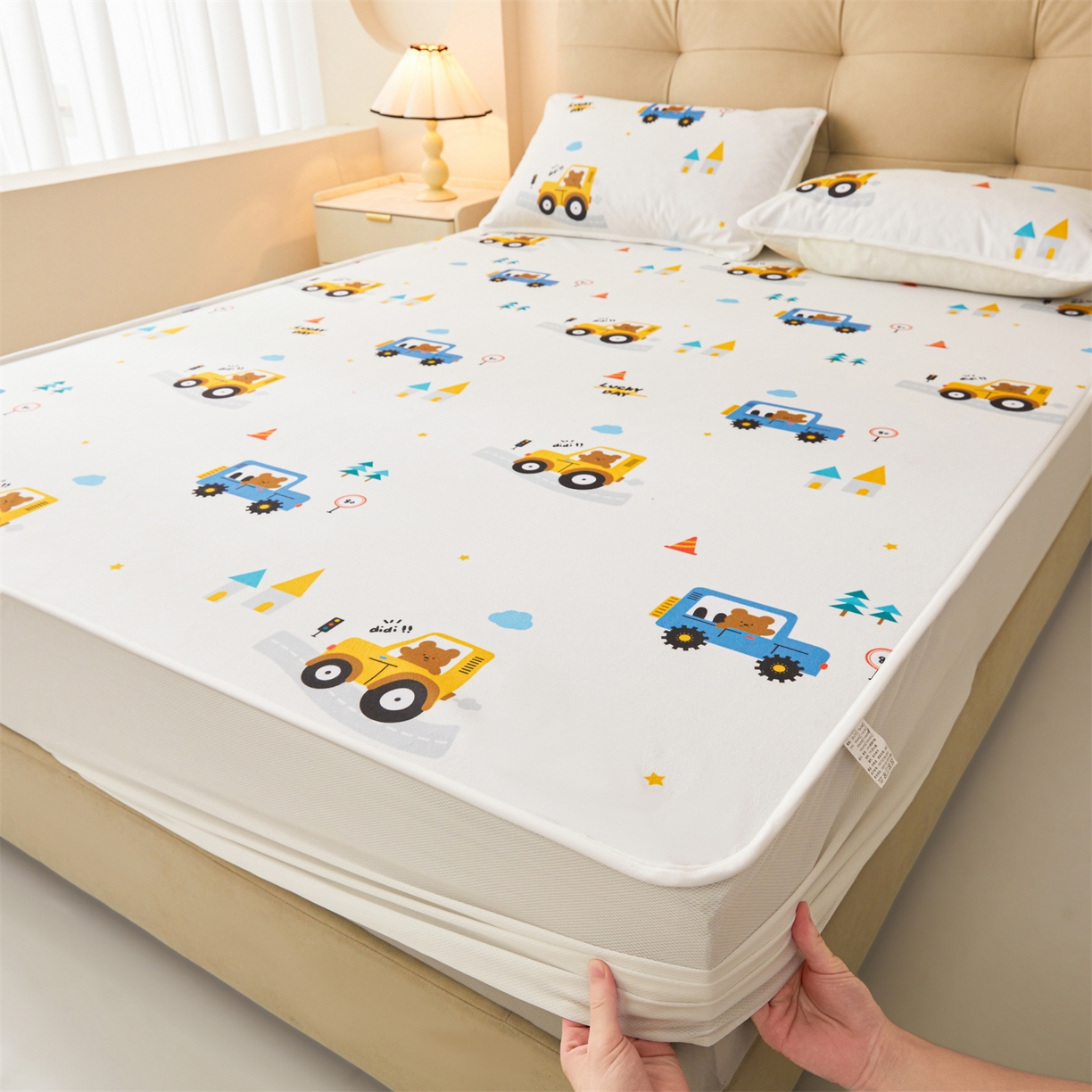 女子家纺 2026春夏新款TPU防水隔尿床护垫床笠款印花小清新卡通儿童床垫保护套 防水床笠-小汽车