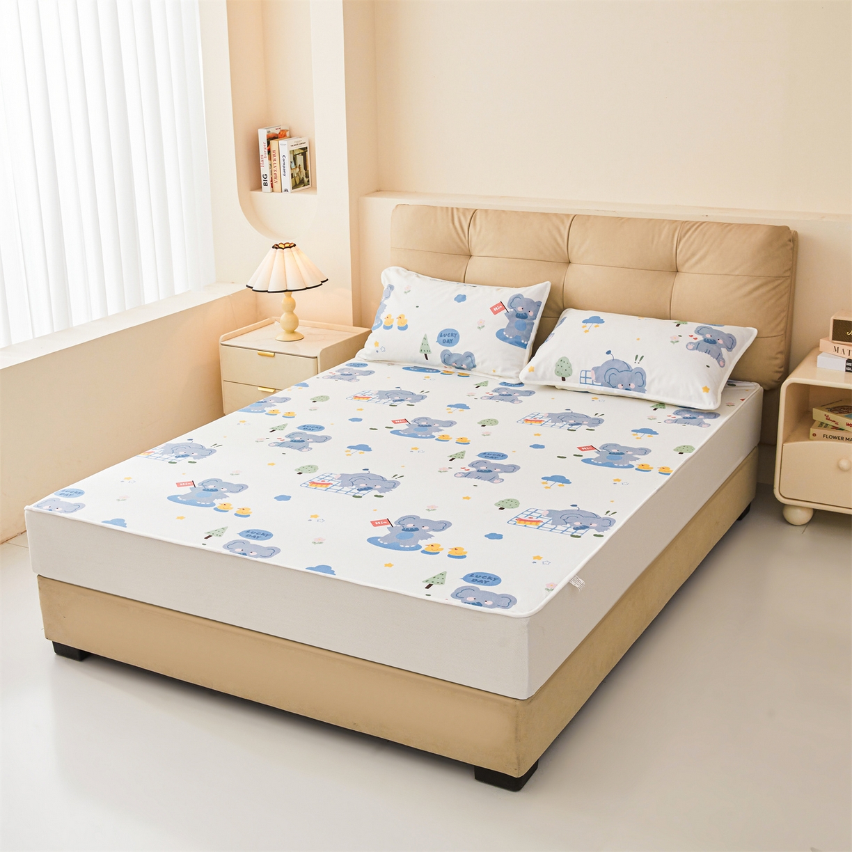 91家纺网 家纺一手货源 找家纺 女子家纺 2026春夏新款TPU防水隔尿床护垫床笠款印花小清新卡通儿童床垫保护套 防水床笠-小象嘟嘟