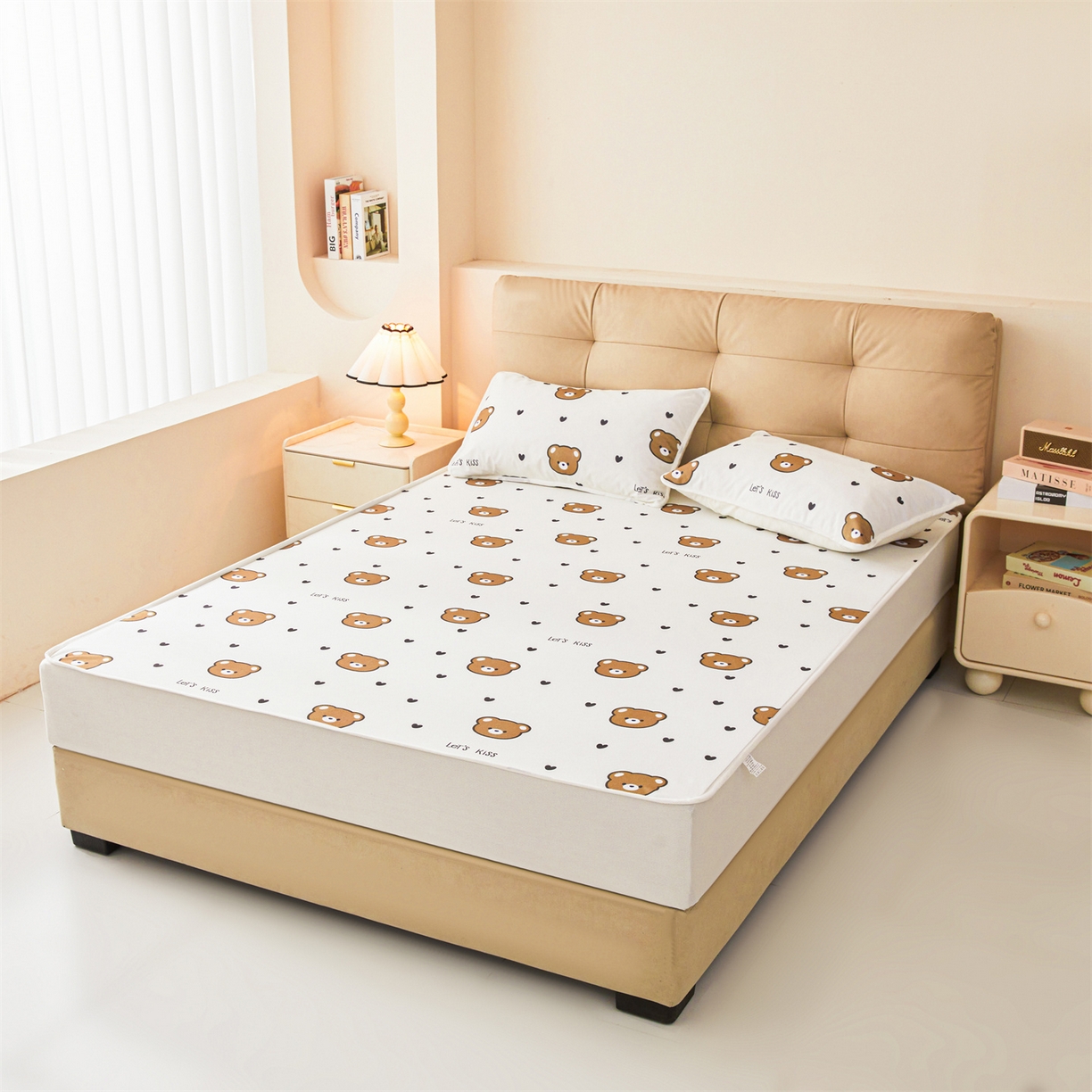 91家纺网 家纺一手货源 找家纺 女子家纺 2026春夏新款TPU防水隔尿床护垫床笠款印花小清新卡通儿童床垫保护套 防水床笠-小熊派对