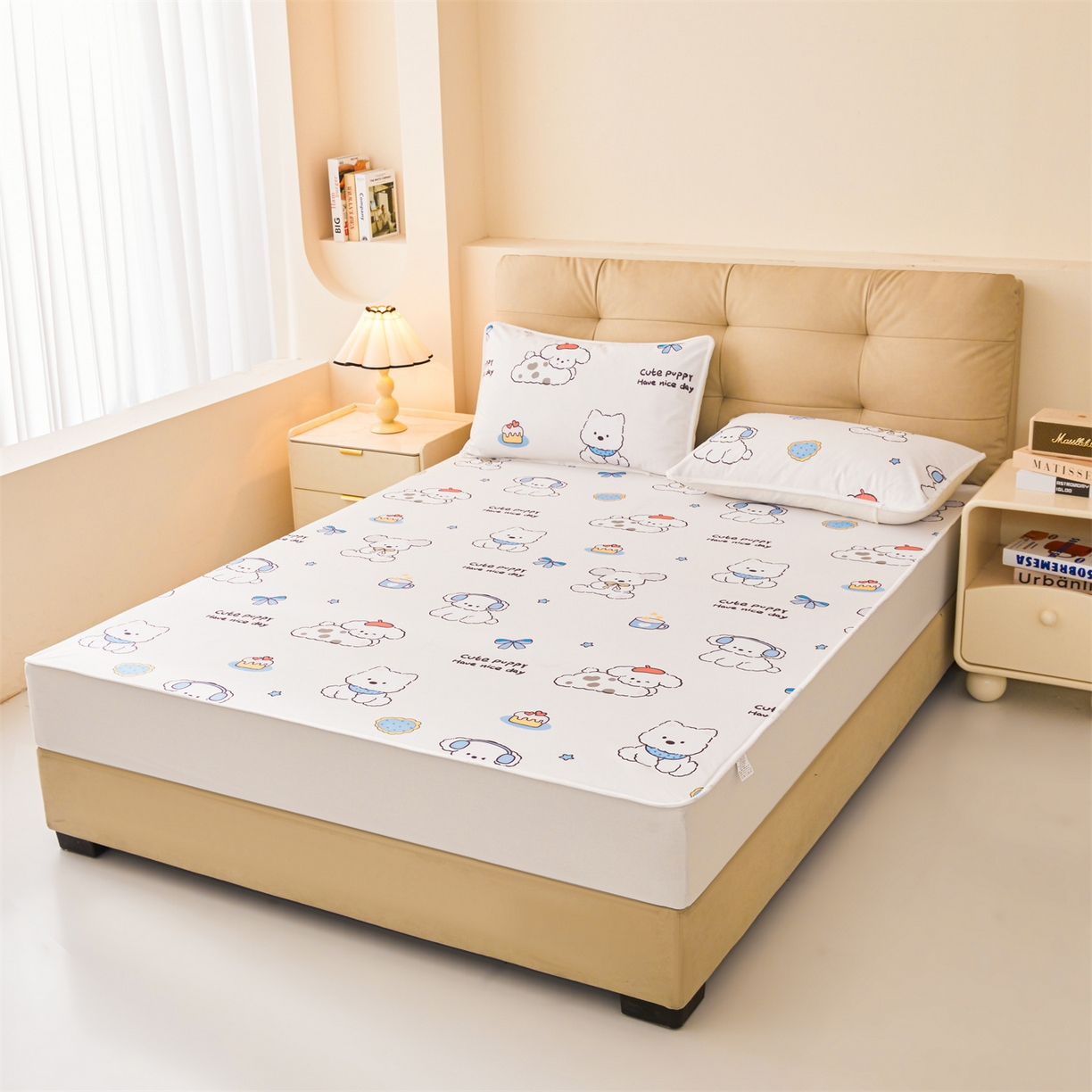 91家纺网 家纺一手货源 找家纺 女子家纺 2026春夏新款TPU防水隔尿床护垫床笠款印花小清新卡通儿童床垫保护套 防水床笠-音乐小狗