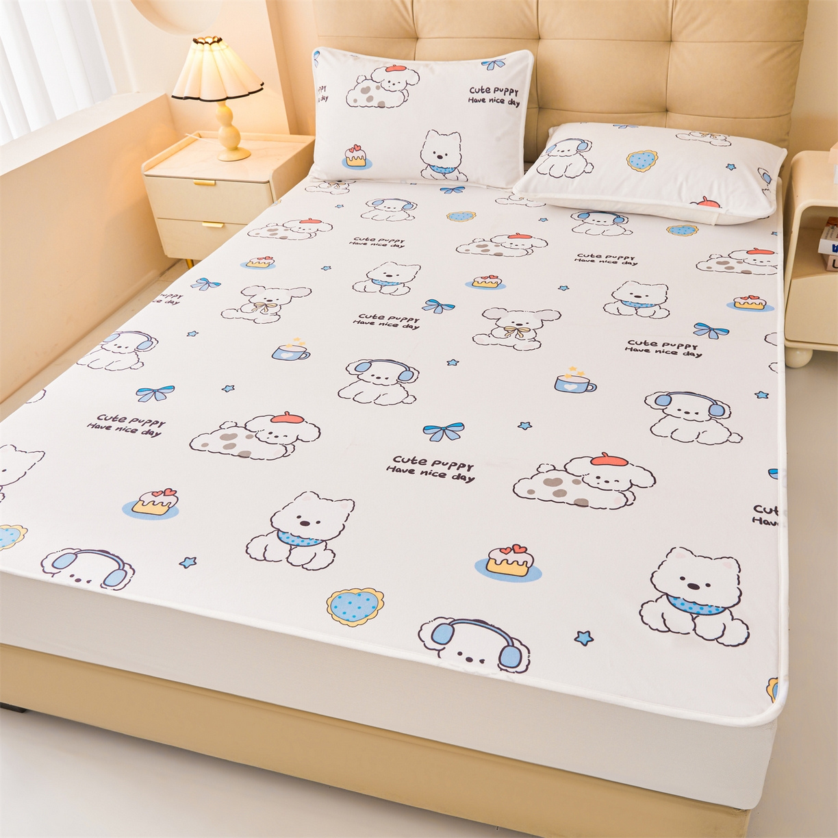 91家纺网 家纺一手货源 找家纺 女子家纺 2026春夏新款TPU防水隔尿床护垫床笠款印花小清新卡通儿童床垫保护套 防水床笠-音乐小狗