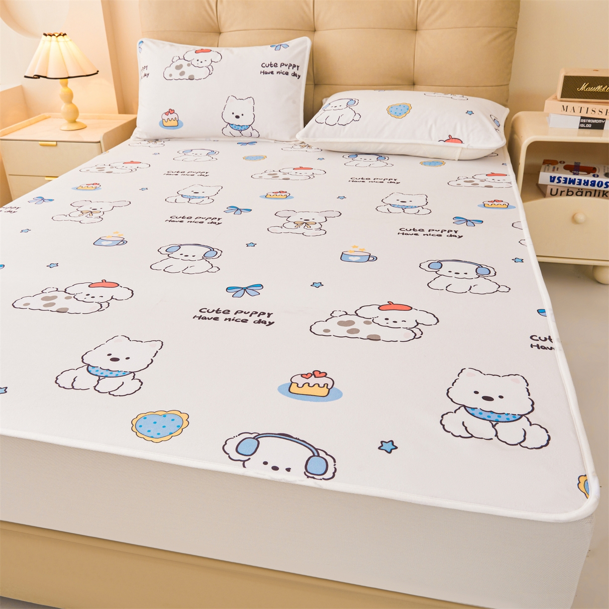 91家纺网 家纺一手货源 找家纺 女子家纺 2026春夏新款TPU防水隔尿床护垫床笠款印花小清新卡通儿童床垫保护套 防水床笠-音乐小狗