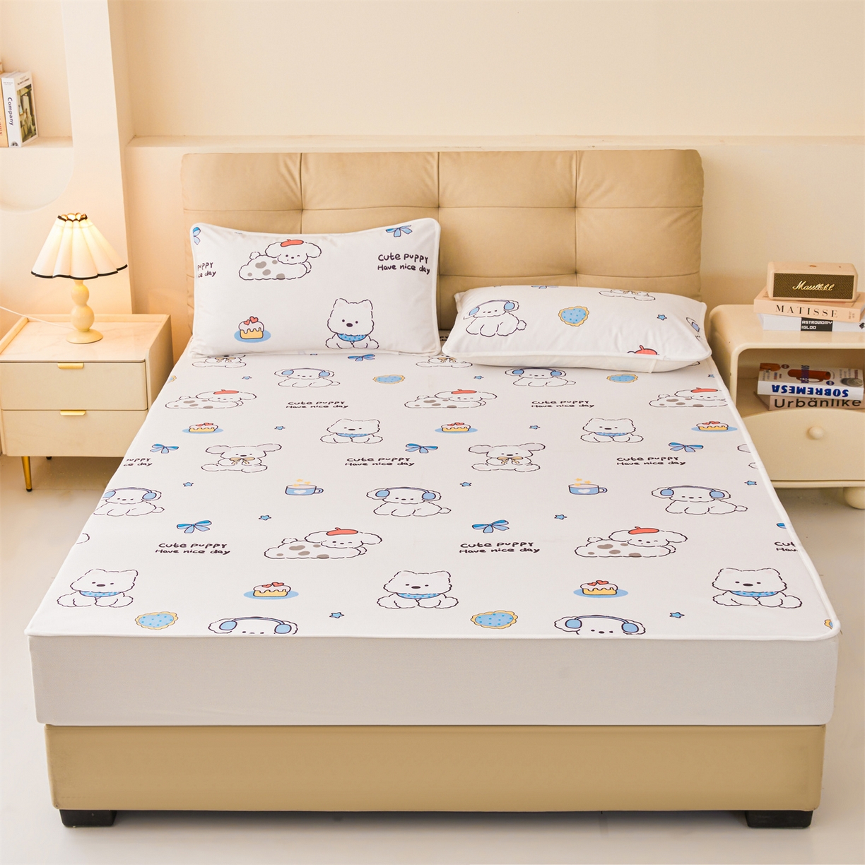 91家纺网 家纺一手货源 找家纺 女子家纺 2026春夏新款TPU防水隔尿床护垫床笠款印花小清新卡通儿童床垫保护套 防水床笠-音乐小狗