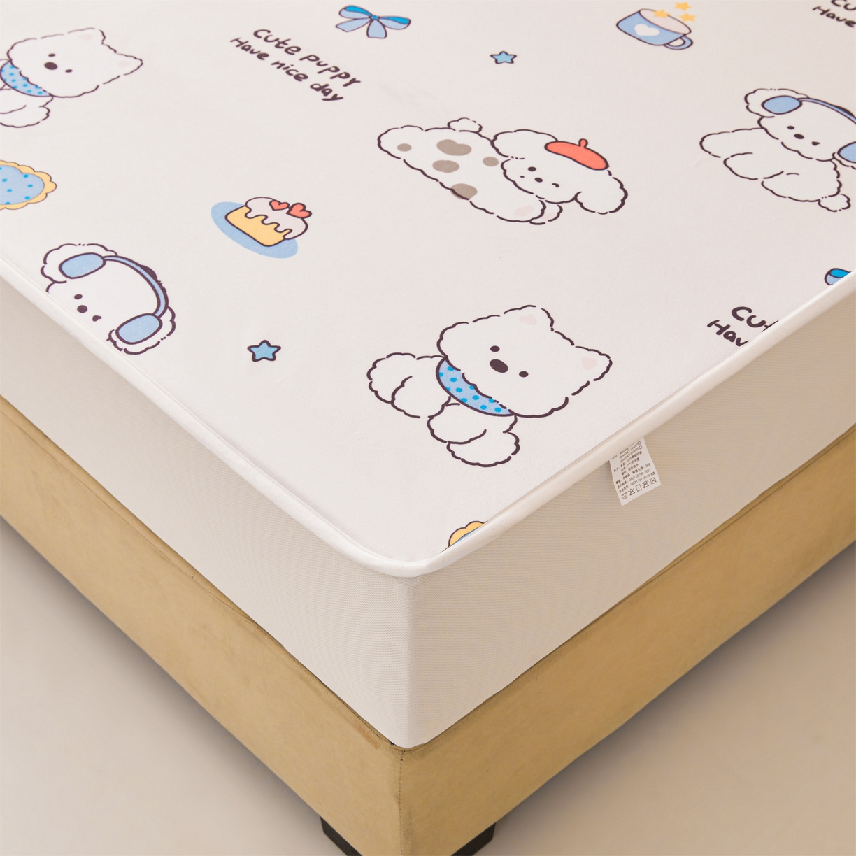 91家纺网 家纺一手货源 找家纺 女子家纺 2026春夏新款TPU防水隔尿床护垫床笠款印花小清新卡通儿童床垫保护套 防水床笠-音乐小狗
