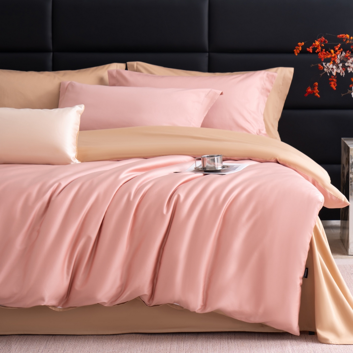 91家纺网 家纺一手货源 找家纺 凌云家纺 2026春夏新款A类100支长绒棉四件套-辉煌 礼盒装 提供买家秀  联系客服 辉煌（豆沙粉金）