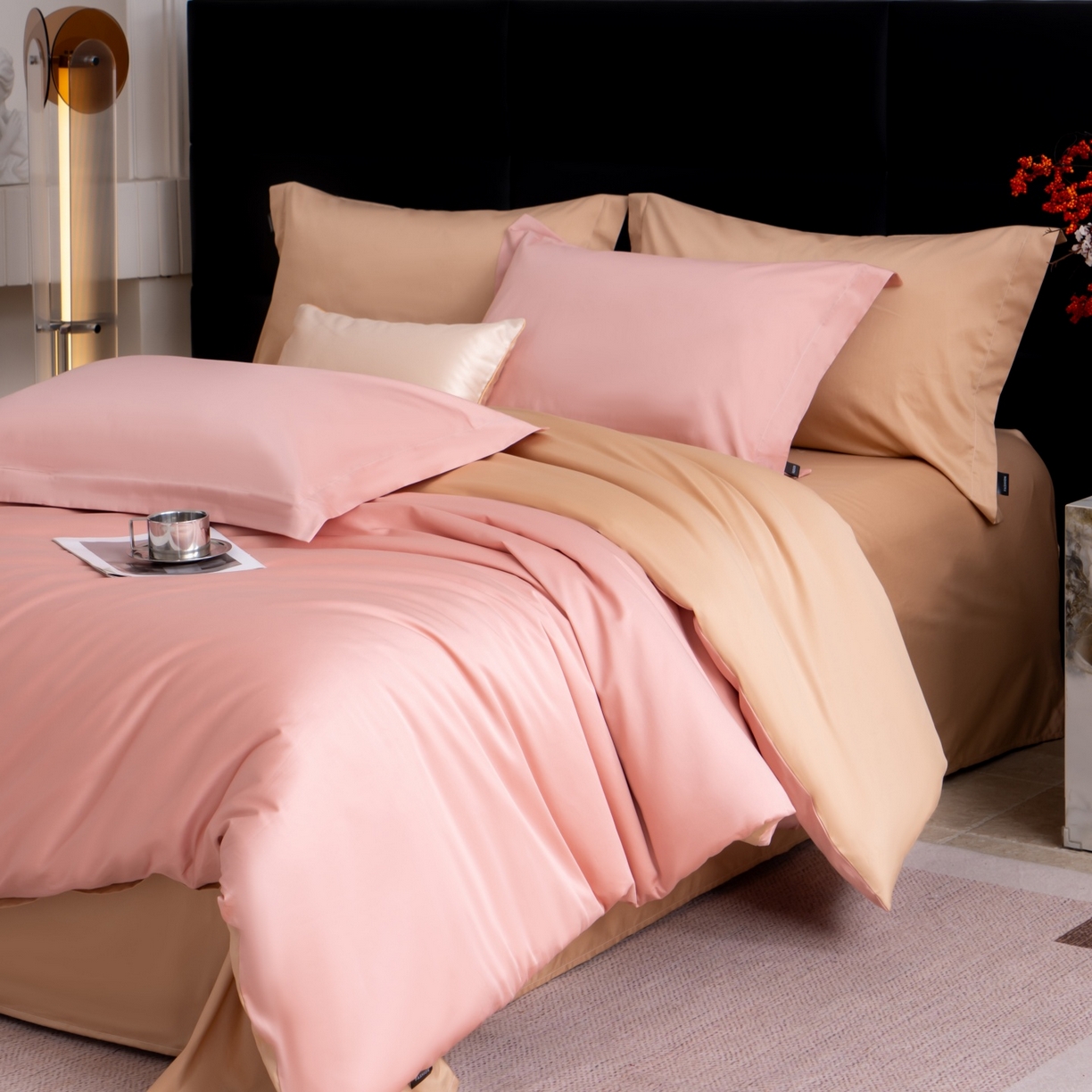 91家纺网 家纺一手货源 找家纺 凌云家纺 2026春夏新款A类100支长绒棉四件套-辉煌 礼盒装 提供买家秀  联系客服 辉煌（豆沙粉金）