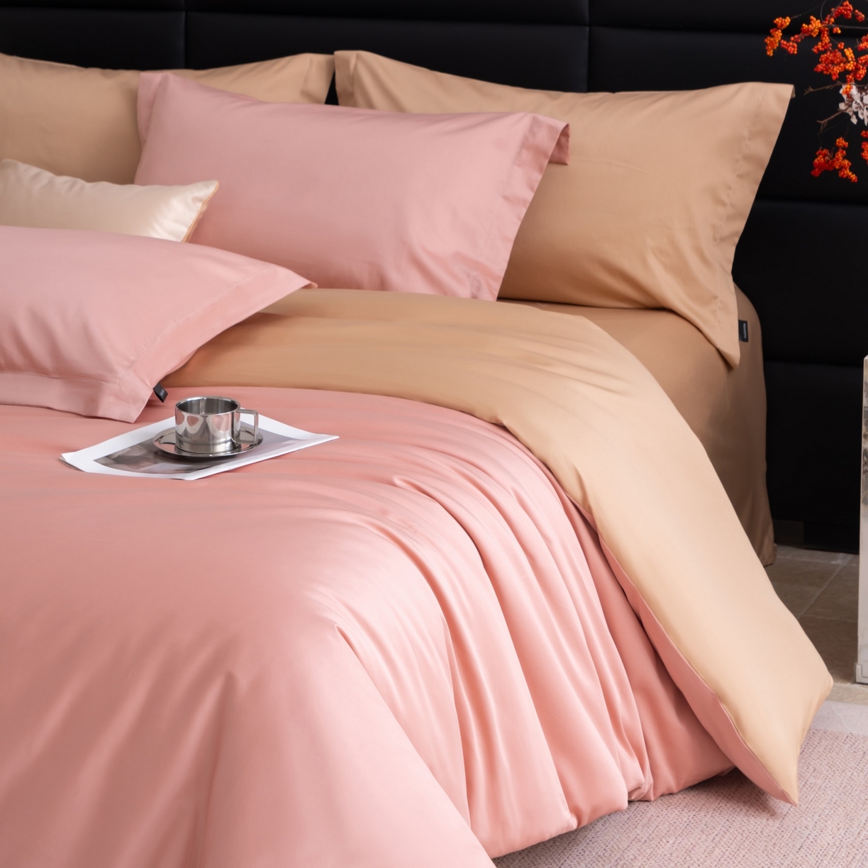 91家纺网 家纺一手货源 找家纺 凌云家纺 2026春夏新款A类100支长绒棉四件套-辉煌 礼盒装 提供买家秀  联系客服 辉煌（豆沙粉金）