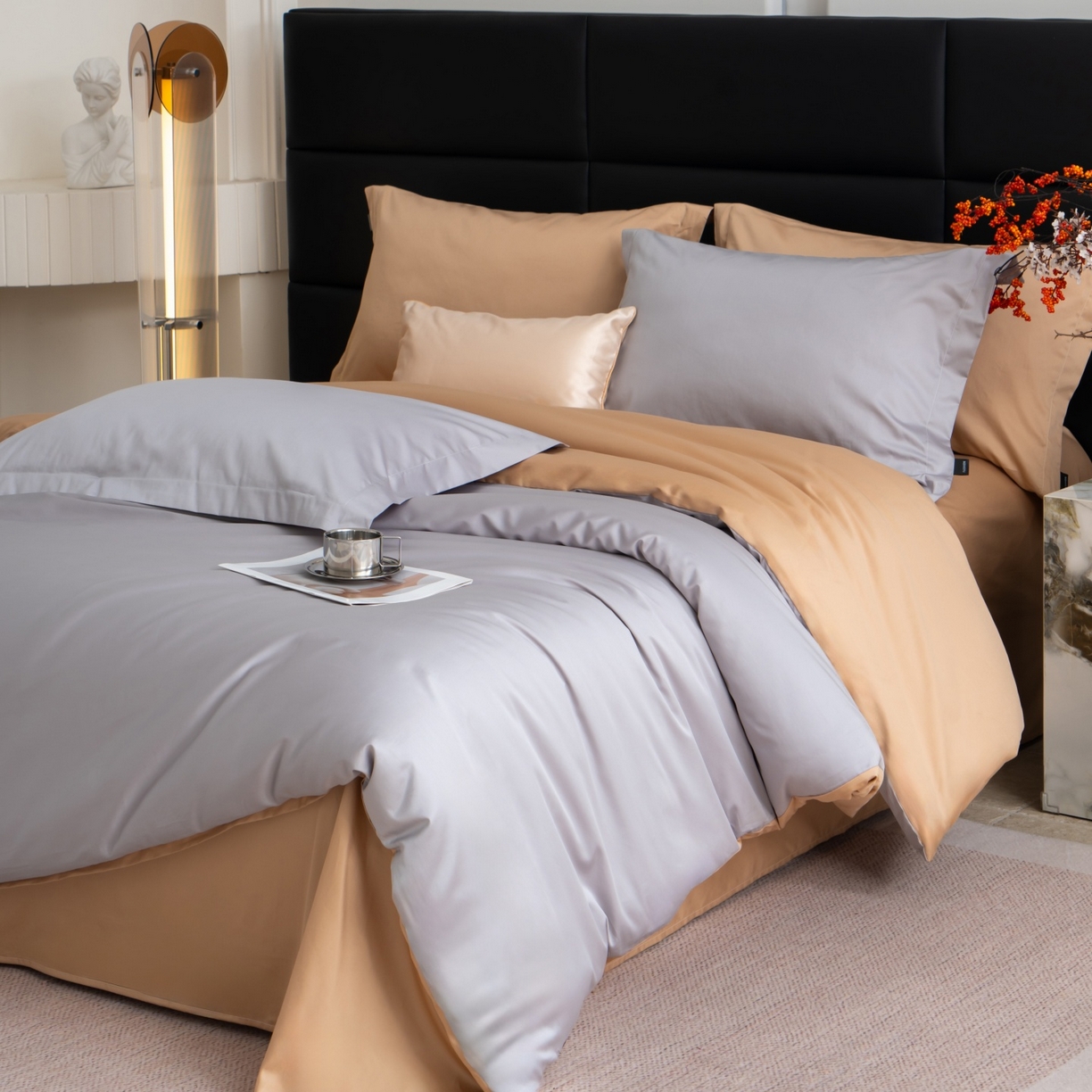 91家纺网 家纺一手货源 找家纺 凌云家纺 2026春夏新款A类100支长绒棉四件套-辉煌 礼盒装 提供买家秀  联系客服 辉煌（灰金）