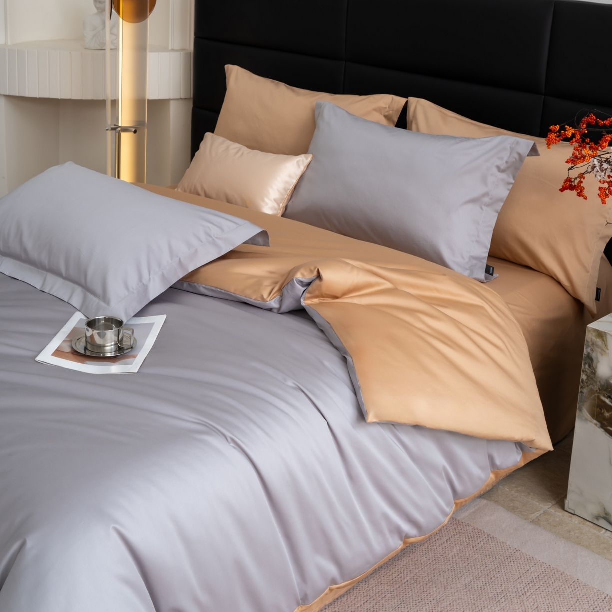 91家纺网 家纺一手货源 找家纺 凌云家纺 2026春夏新款A类100支长绒棉四件套-辉煌 礼盒装 提供买家秀  联系客服 辉煌（灰金）