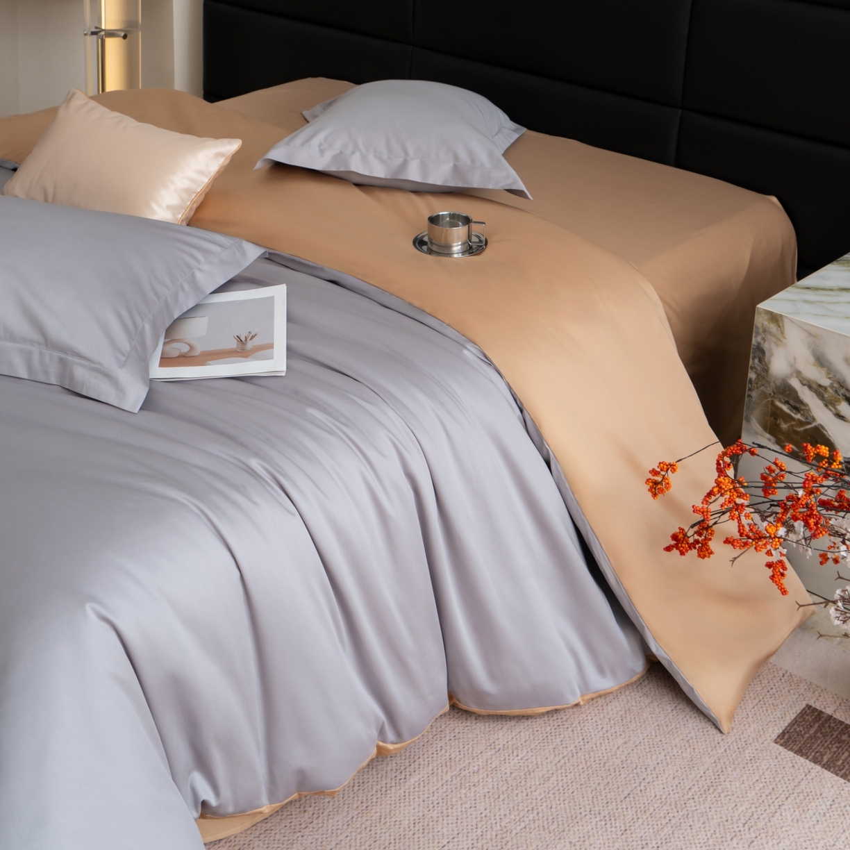 91家纺网 家纺一手货源 找家纺 凌云家纺 2026春夏新款A类100支长绒棉四件套-辉煌 礼盒装 提供买家秀  联系客服 辉煌（灰金）