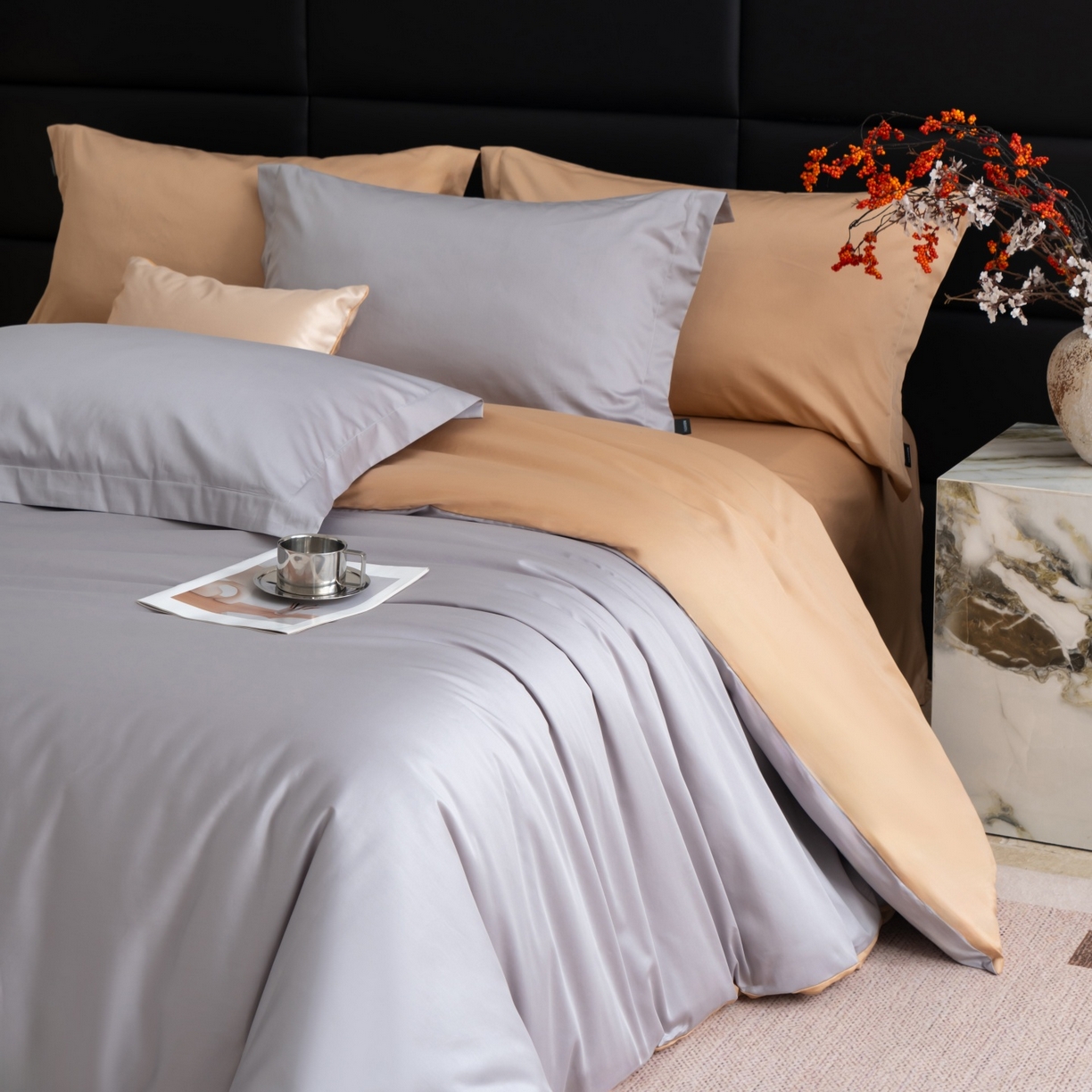 91家纺网 家纺一手货源 找家纺 凌云家纺 2026春夏新款A类100支长绒棉四件套-辉煌 礼盒装 提供买家秀  联系客服 辉煌（灰金）