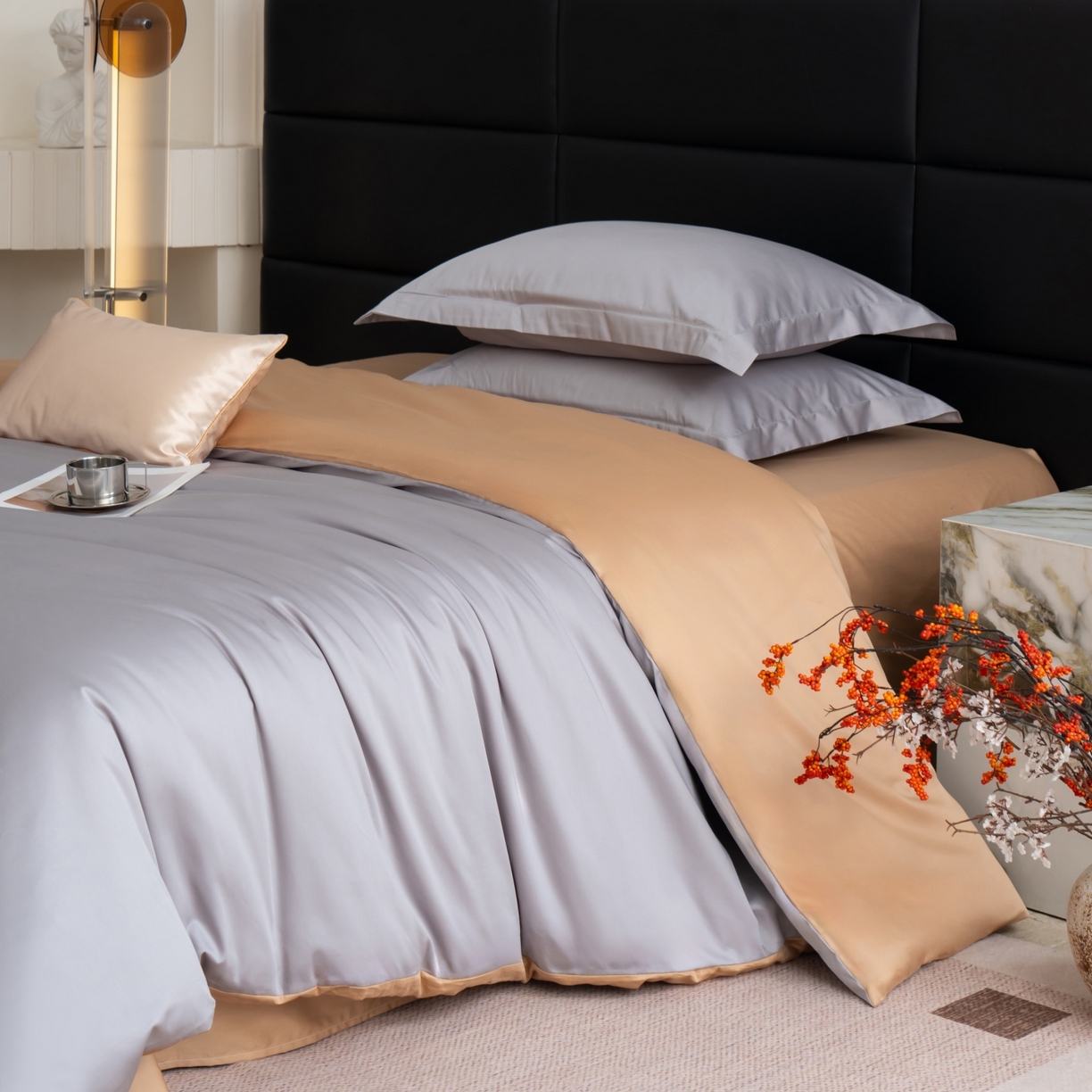 91家纺网 家纺一手货源 找家纺 凌云家纺 2026春夏新款A类100支长绒棉四件套-辉煌 礼盒装 提供买家秀  联系客服 辉煌（灰金）