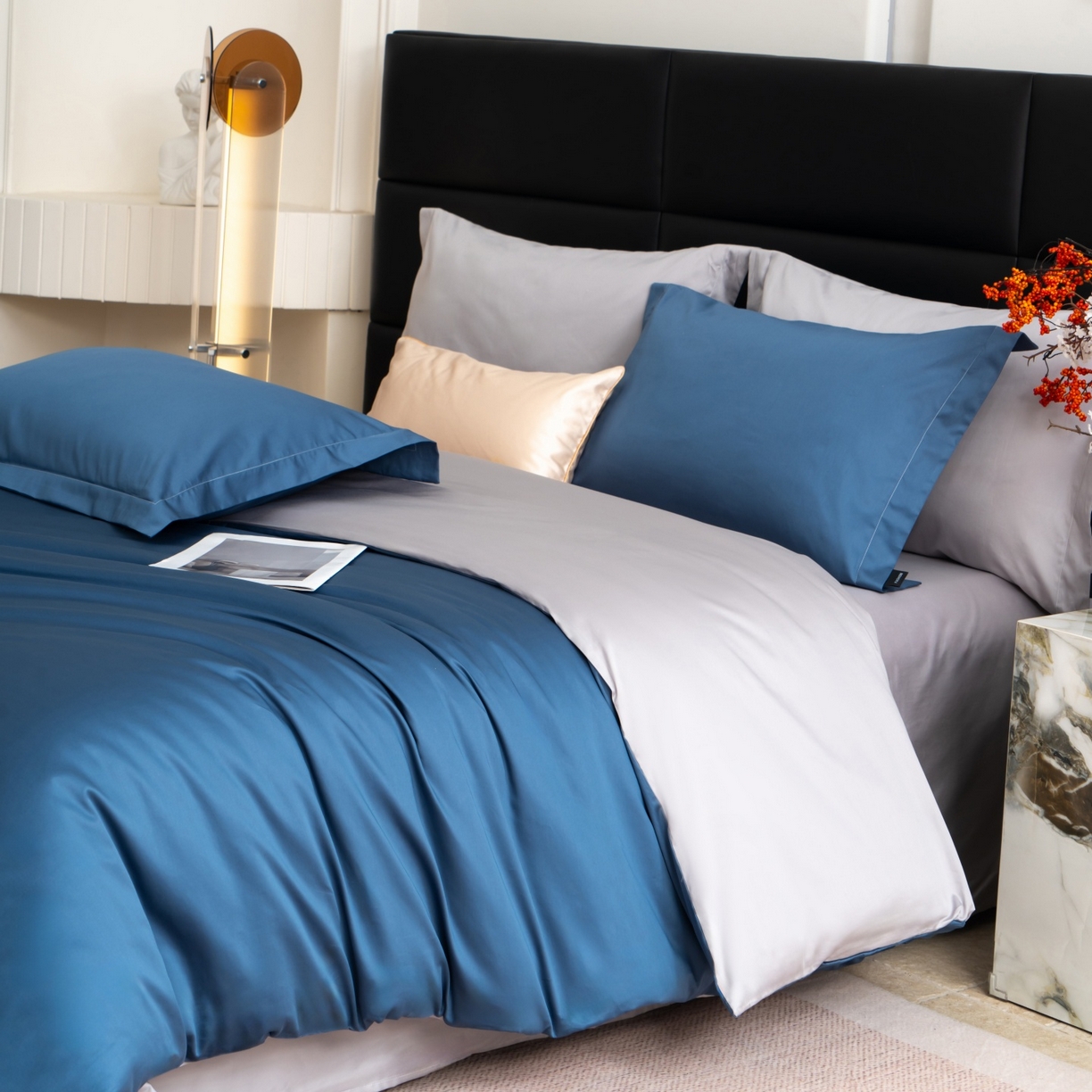 91家纺网 家纺一手货源 找家纺 凌云家纺 2026春夏新款A类100支长绒棉四件套-辉煌 礼盒装 提供买家秀  联系客服 辉煌（宾利蓝+灰)