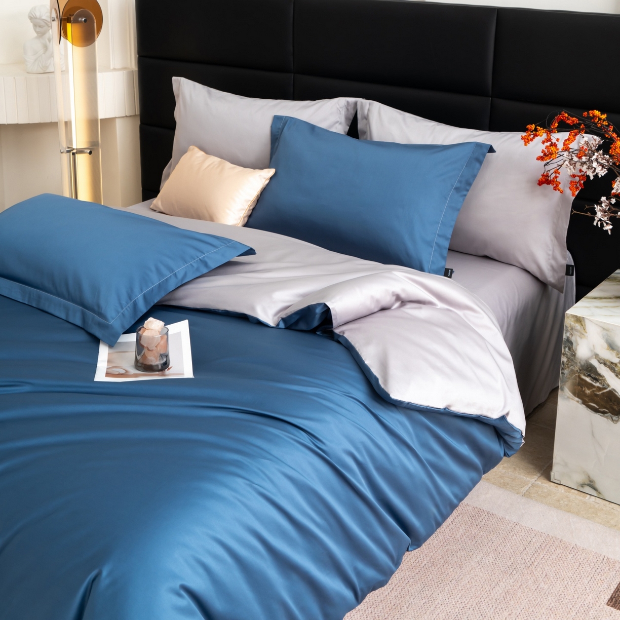 91家纺网 家纺一手货源 找家纺 凌云家纺 2026春夏新款A类100支长绒棉四件套-辉煌 礼盒装 提供买家秀  联系客服 辉煌（宾利蓝+灰)