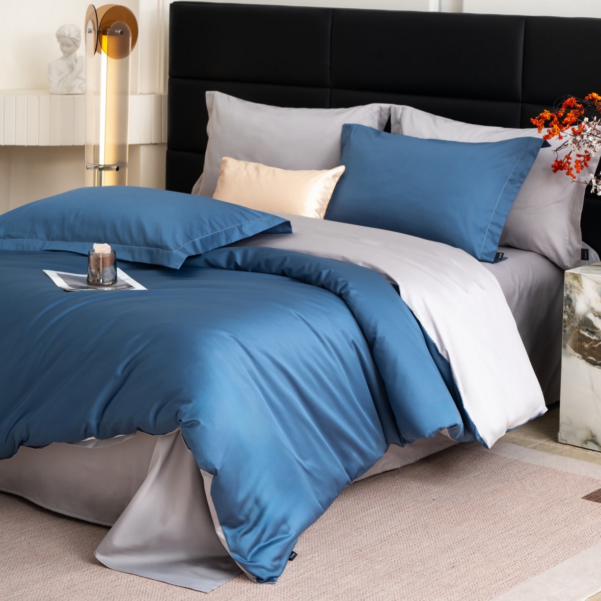 91家纺网 家纺一手货源 找家纺 凌云家纺 2026春夏新款A类100支长绒棉四件套-辉煌 礼盒装 提供买家秀  联系客服 辉煌（宾利蓝+灰)