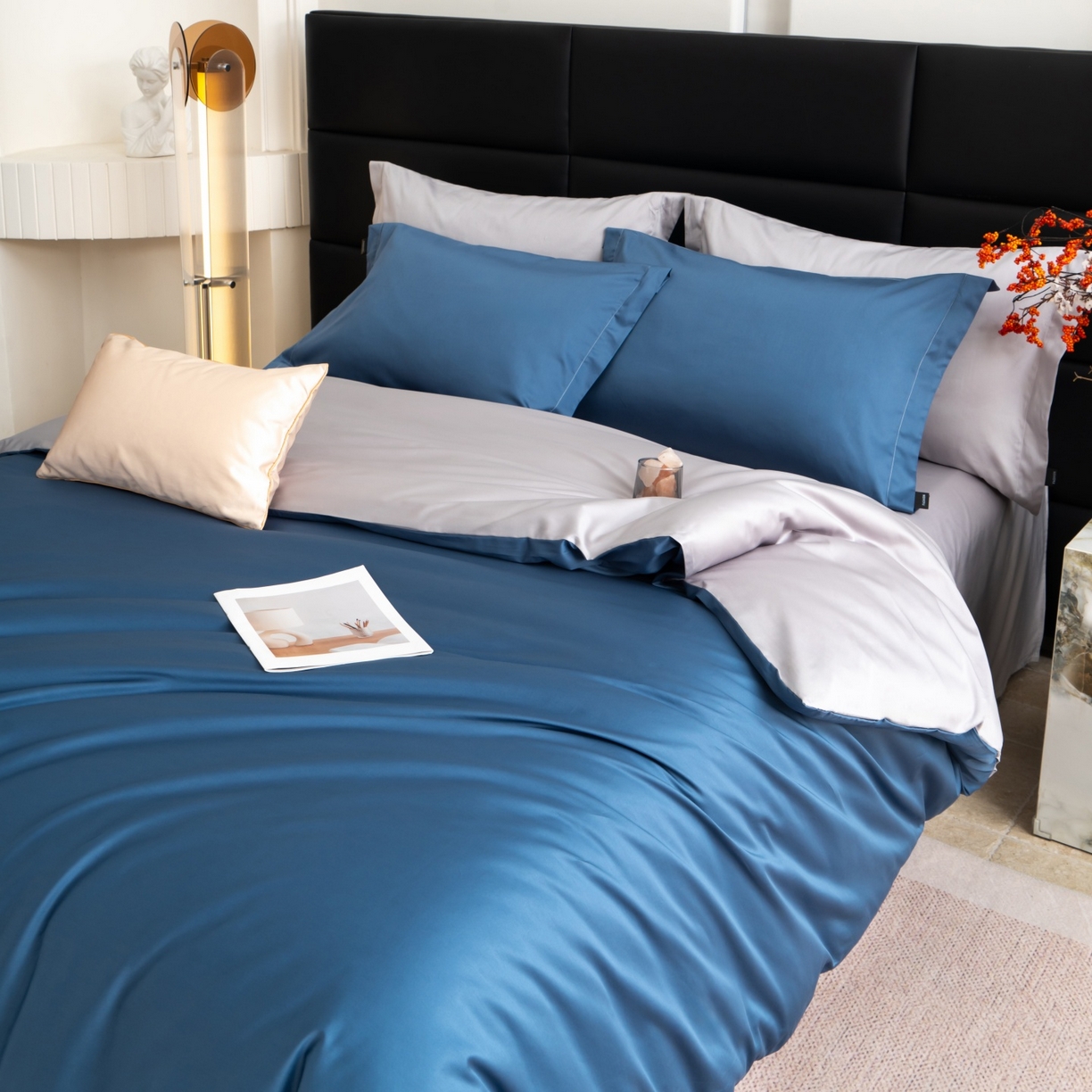 91家纺网 家纺一手货源 找家纺 凌云家纺 2026春夏新款A类100支长绒棉四件套-辉煌 礼盒装 提供买家秀  联系客服 辉煌（宾利蓝+灰)