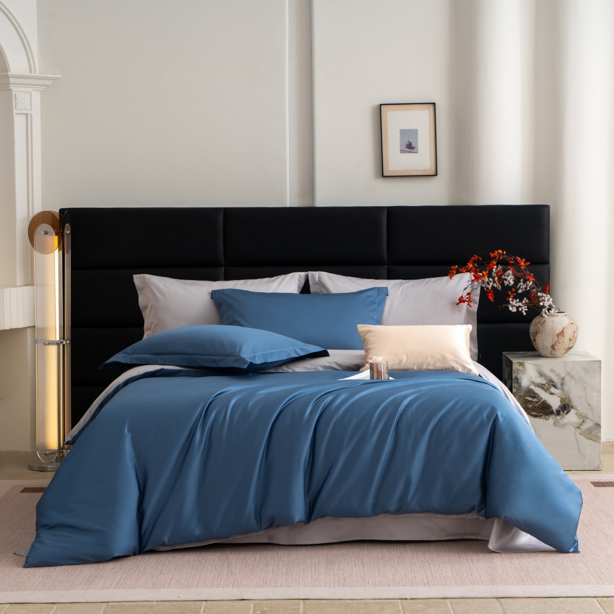 91家纺网 家纺一手货源 找家纺 凌云家纺 2026春夏新款A类100支长绒棉四件套-辉煌 礼盒装 提供买家秀  联系客服 辉煌（宾利蓝+灰)