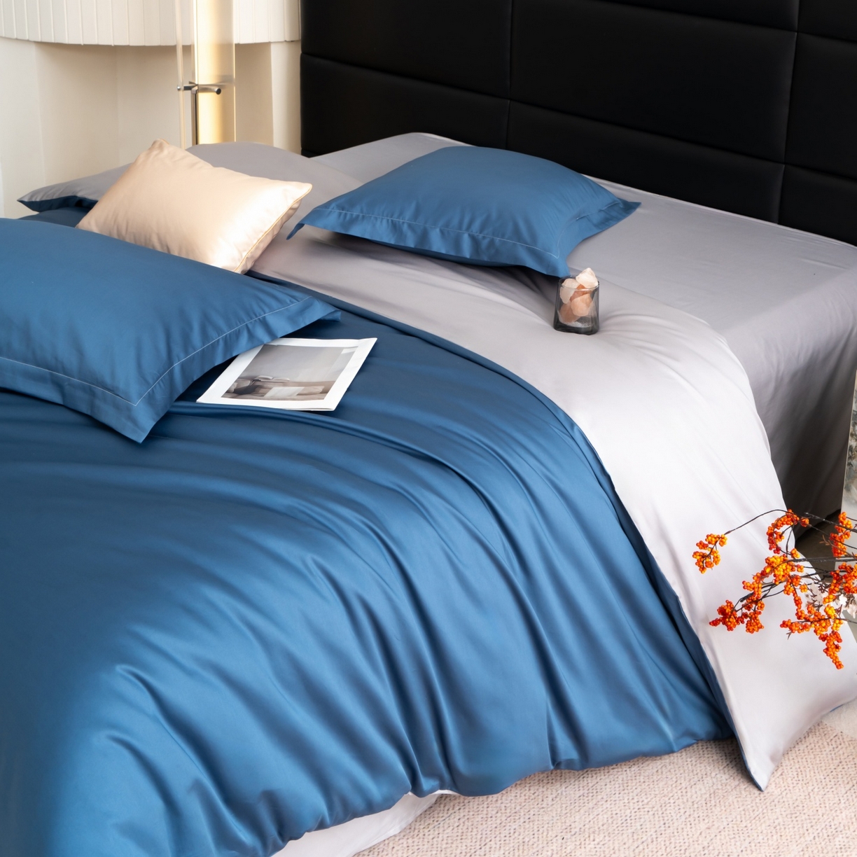 91家纺网 家纺一手货源 找家纺 凌云家纺 2026春夏新款A类100支长绒棉四件套-辉煌 礼盒装 提供买家秀  联系客服 辉煌（宾利蓝+灰)