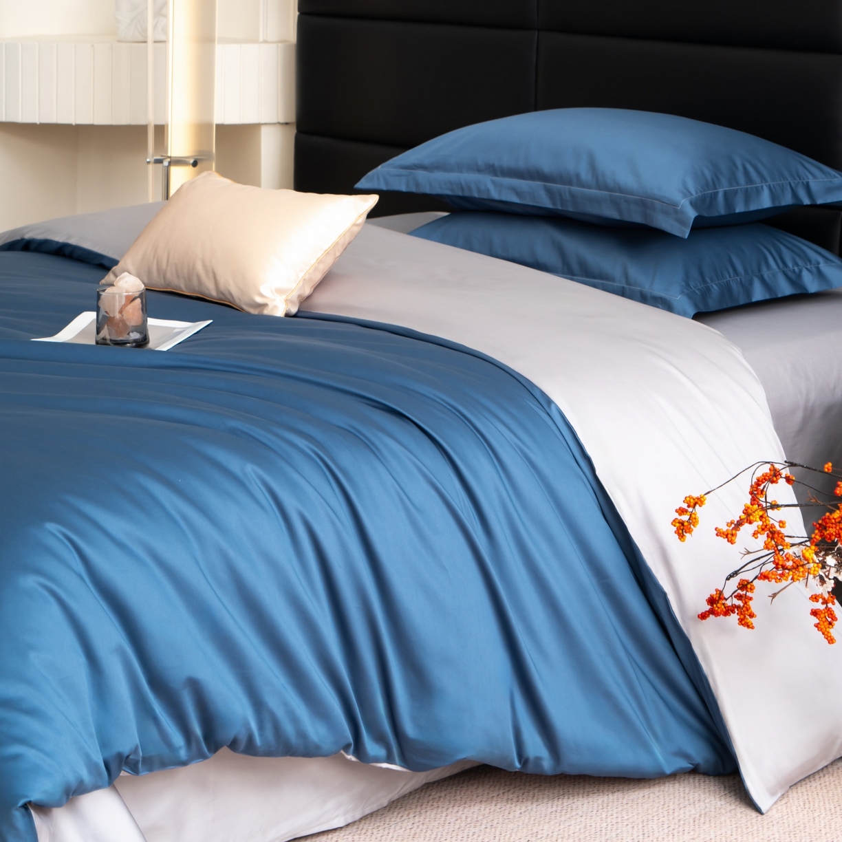 91家纺网 家纺一手货源 找家纺 凌云家纺 2026春夏新款A类100支长绒棉四件套-辉煌 礼盒装 提供买家秀  联系客服 辉煌（宾利蓝+灰)