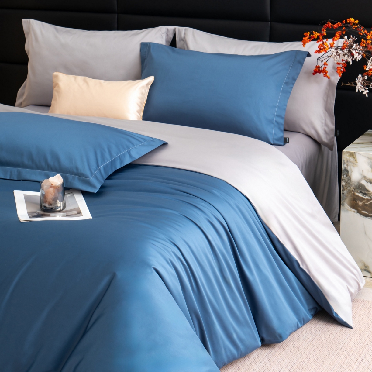 91家纺网 家纺一手货源 找家纺 凌云家纺 2026春夏新款A类100支长绒棉四件套-辉煌 礼盒装 提供买家秀  联系客服 辉煌（宾利蓝+灰)