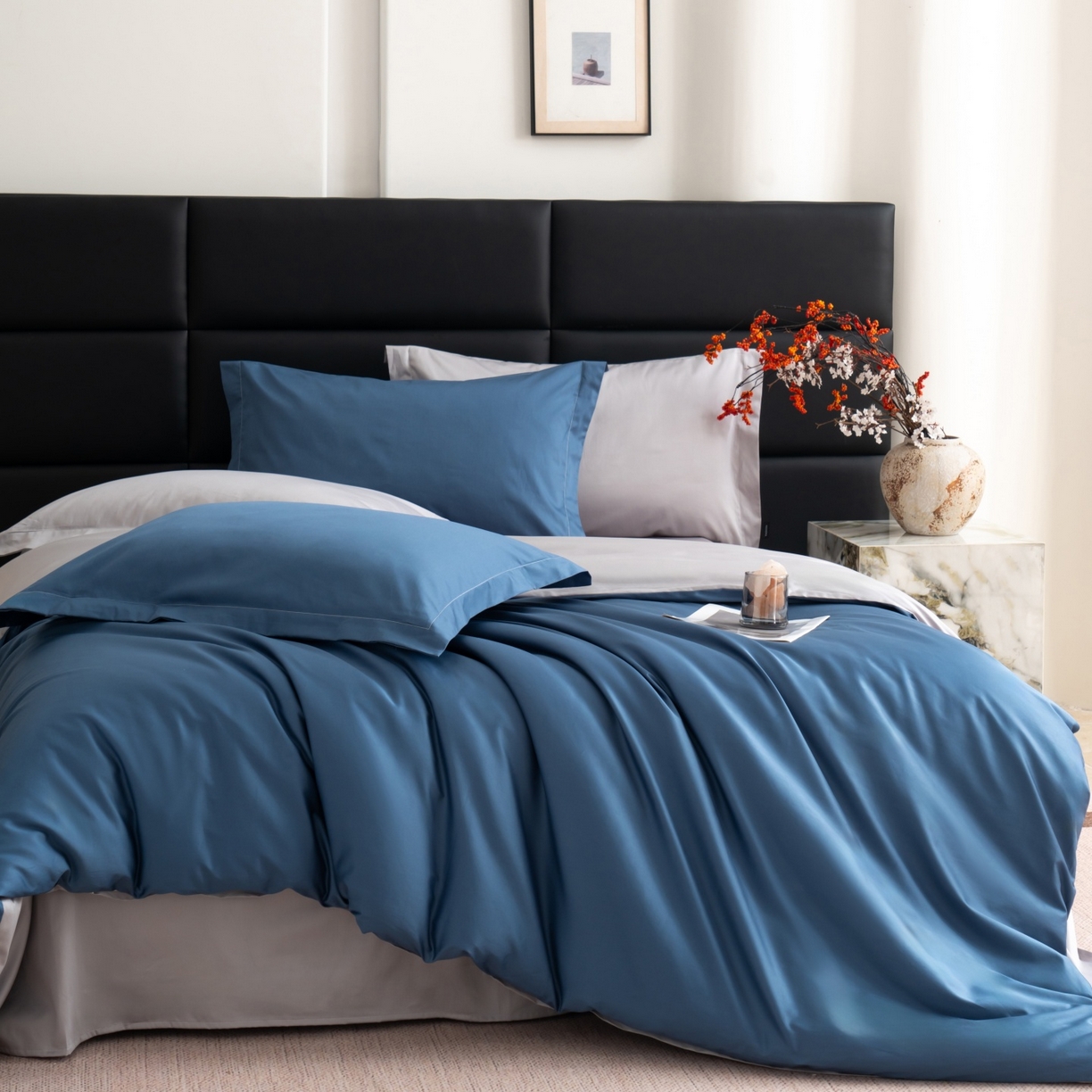 91家纺网 家纺一手货源 找家纺 凌云家纺 2026春夏新款A类100支长绒棉四件套-辉煌 礼盒装 提供买家秀  联系客服 辉煌（宾利蓝+灰)