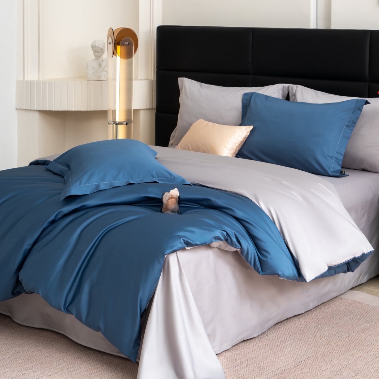 91家纺网 家纺一手货源 找家纺 凌云家纺 2026春夏新款A类100支长绒棉四件套-辉煌 礼盒装 提供买家秀  联系客服 辉煌（宾利蓝+灰)