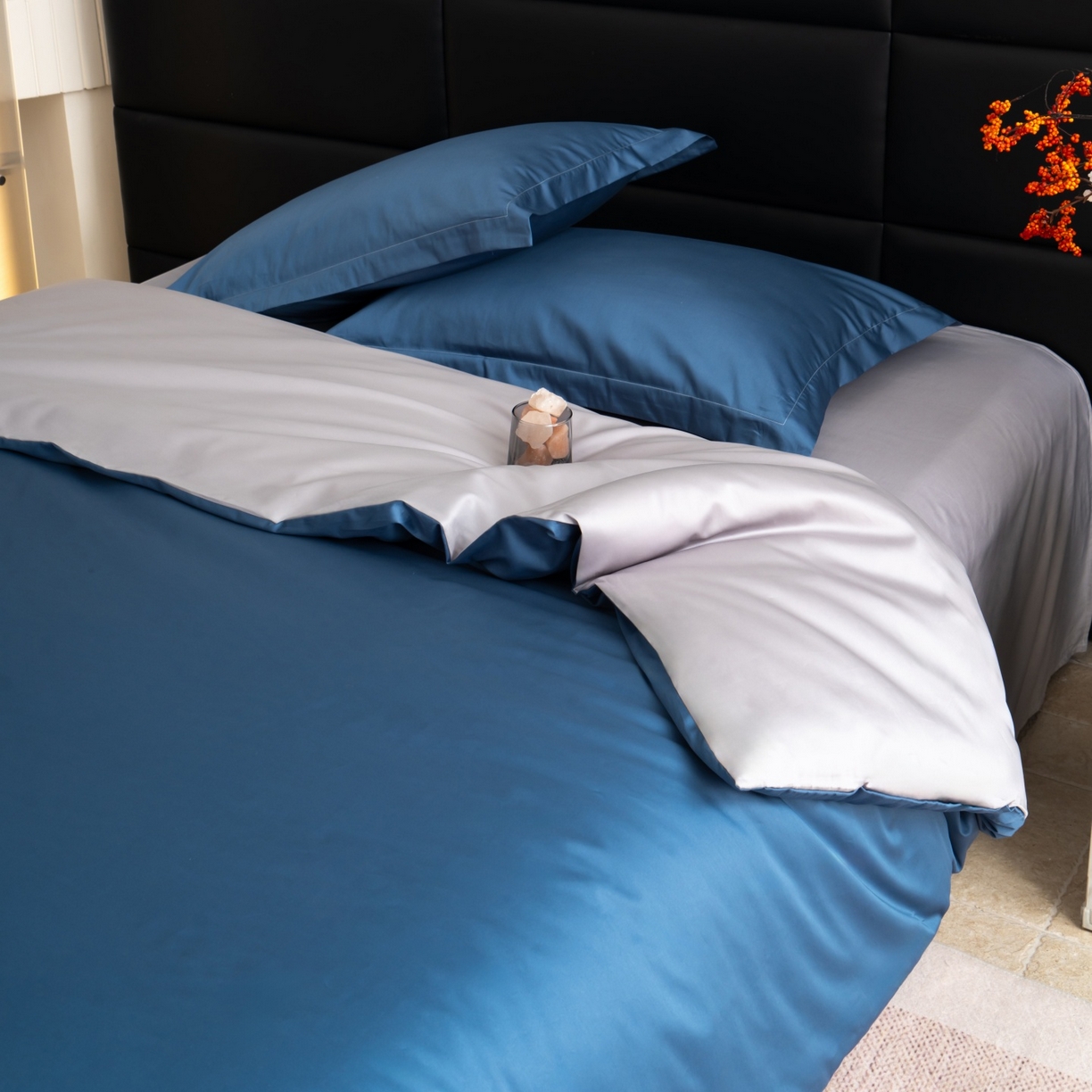 91家纺网 家纺一手货源 找家纺 凌云家纺 2026春夏新款A类100支长绒棉四件套-辉煌 礼盒装 提供买家秀  联系客服 辉煌（宾利蓝+灰)