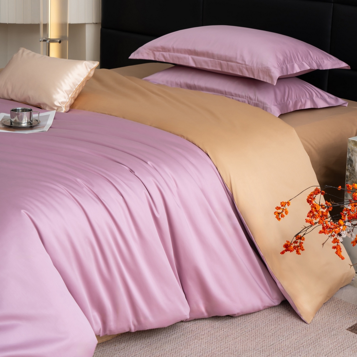 91家纺网 家纺一手货源 找家纺 凌云家纺 2026春夏新款A类100支长绒棉四件套-辉煌 礼盒装 提供买家秀  联系客服 辉煌（紫金）