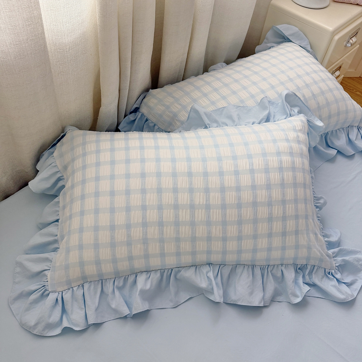 91家纺网 家纺一手货源 找家纺 （总）乐卧家居 2026新款韩系千禧梦核多巴胺美学少女感格纹褶皱款荷叶边夏被空调被