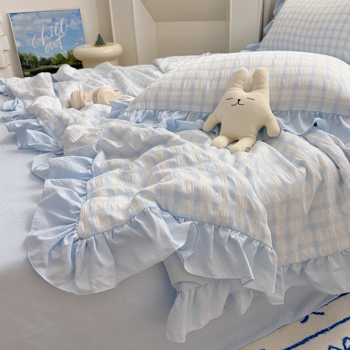 91家纺网 家纺一手货源 找家纺 （总）乐卧家居 2026新款韩系千禧梦核多巴胺美学少女感格纹褶皱款荷叶边夏被空调被