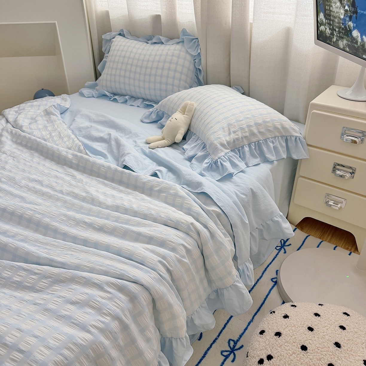 91家纺网 家纺一手货源 找家纺 （总）乐卧家居 2026新款韩系千禧梦核多巴胺美学少女感格纹褶皱款荷叶边夏被空调被