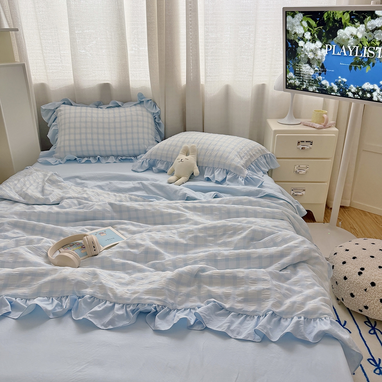 91家纺网 家纺一手货源 找家纺 （总）乐卧家居 2026新款韩系千禧梦核多巴胺美学少女感格纹褶皱款荷叶边夏被空调被