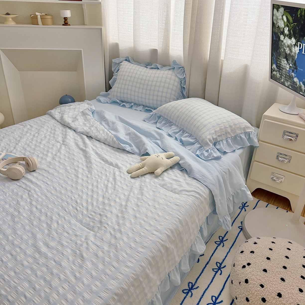 91家纺网 家纺一手货源 找家纺 （总）乐卧家居 2026新款韩系千禧梦核多巴胺美学少女感格纹褶皱款荷叶边夏被空调被