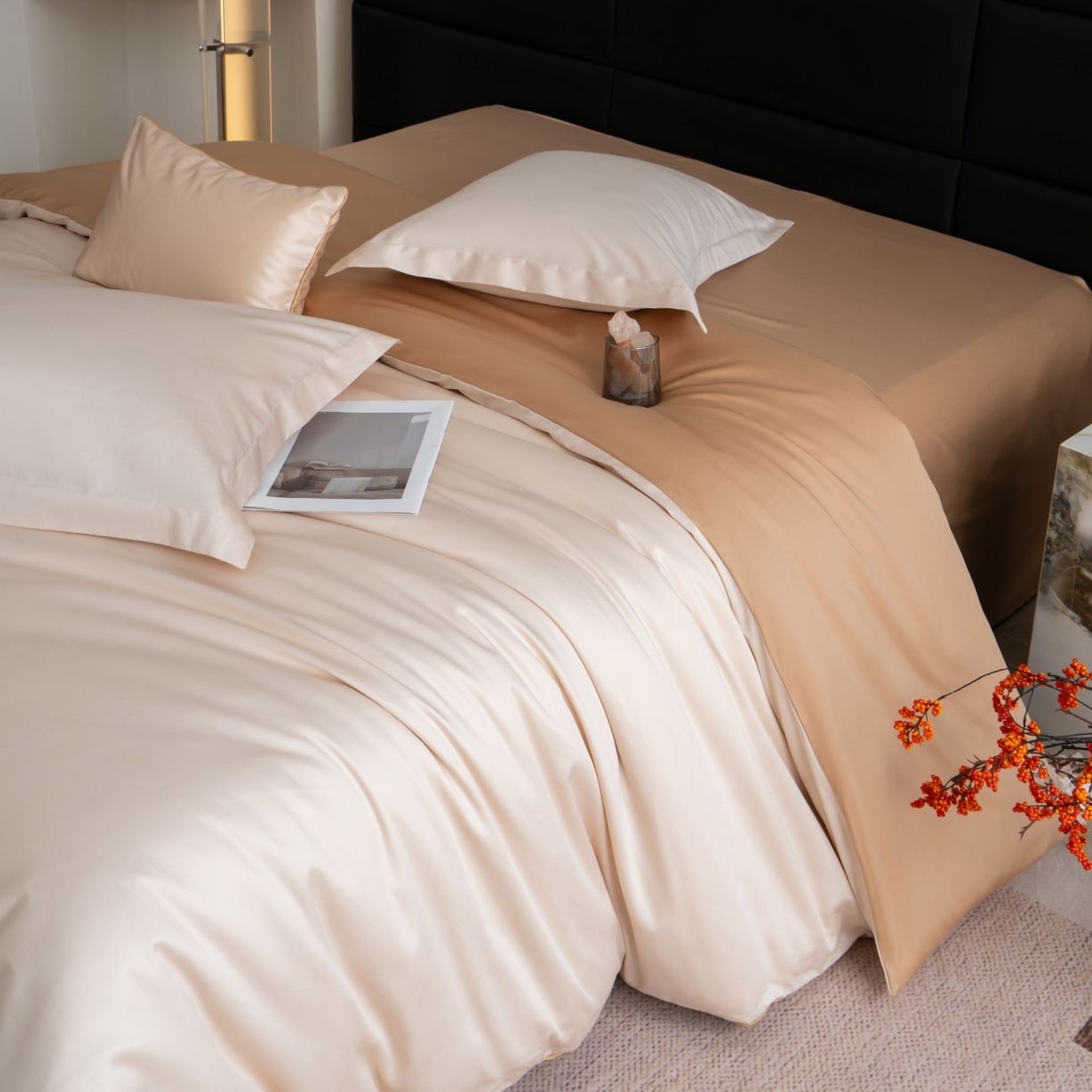 91家纺网 家纺一手货源 找家纺 凌云家纺 2026春夏新款A类100支长绒棉四件套-辉煌 礼盒装 提供买家秀  联系客服 辉煌（奶昔+金）