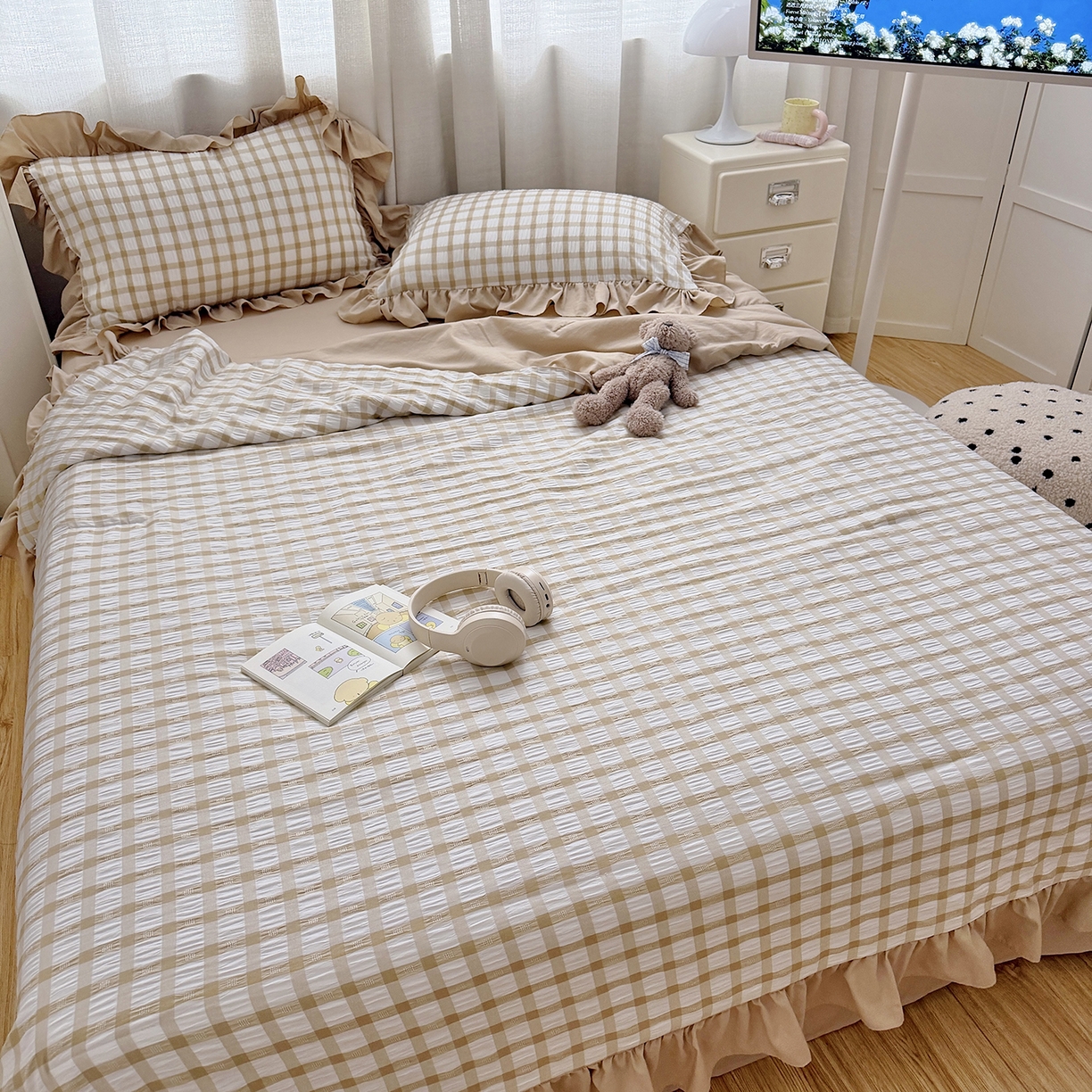 乐卧家居 2026新款韩系千禧梦核多巴胺美学少女感格纹褶皱款荷叶边夏被空调被 千禧-摩卡咖