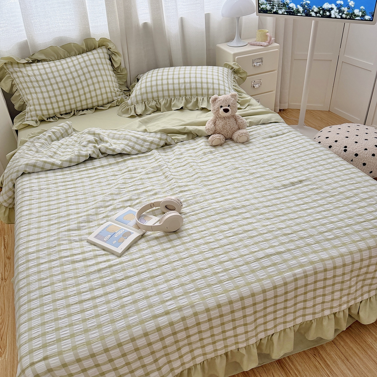 乐卧家居 2026新款韩系千禧梦核多巴胺美学少女感格纹褶皱款荷叶边夏被空调被 千禧-复古绿