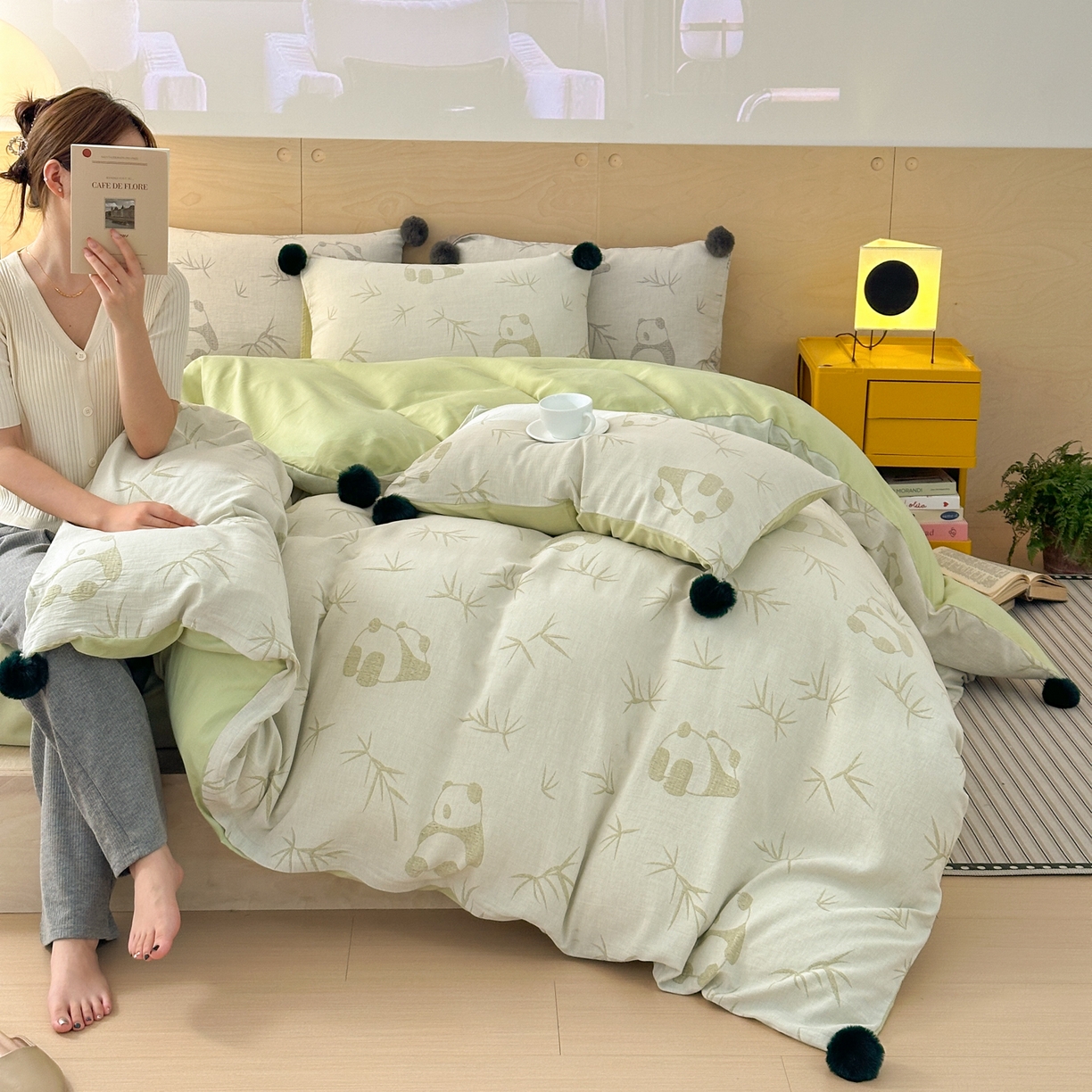 91家纺网 家纺一手货源 找家纺 丽涵家纺 2026春夏新款全棉纯棉水洗纱布提花四件套-竹韵熊猫 竹韵熊猫-绿